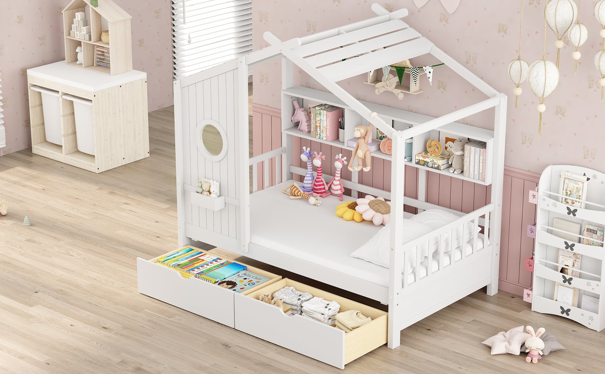 Wooden Twin Size House Bed With 2 Drawers,Kids Bed With Storage Shelf, White Twin White Solid Wood