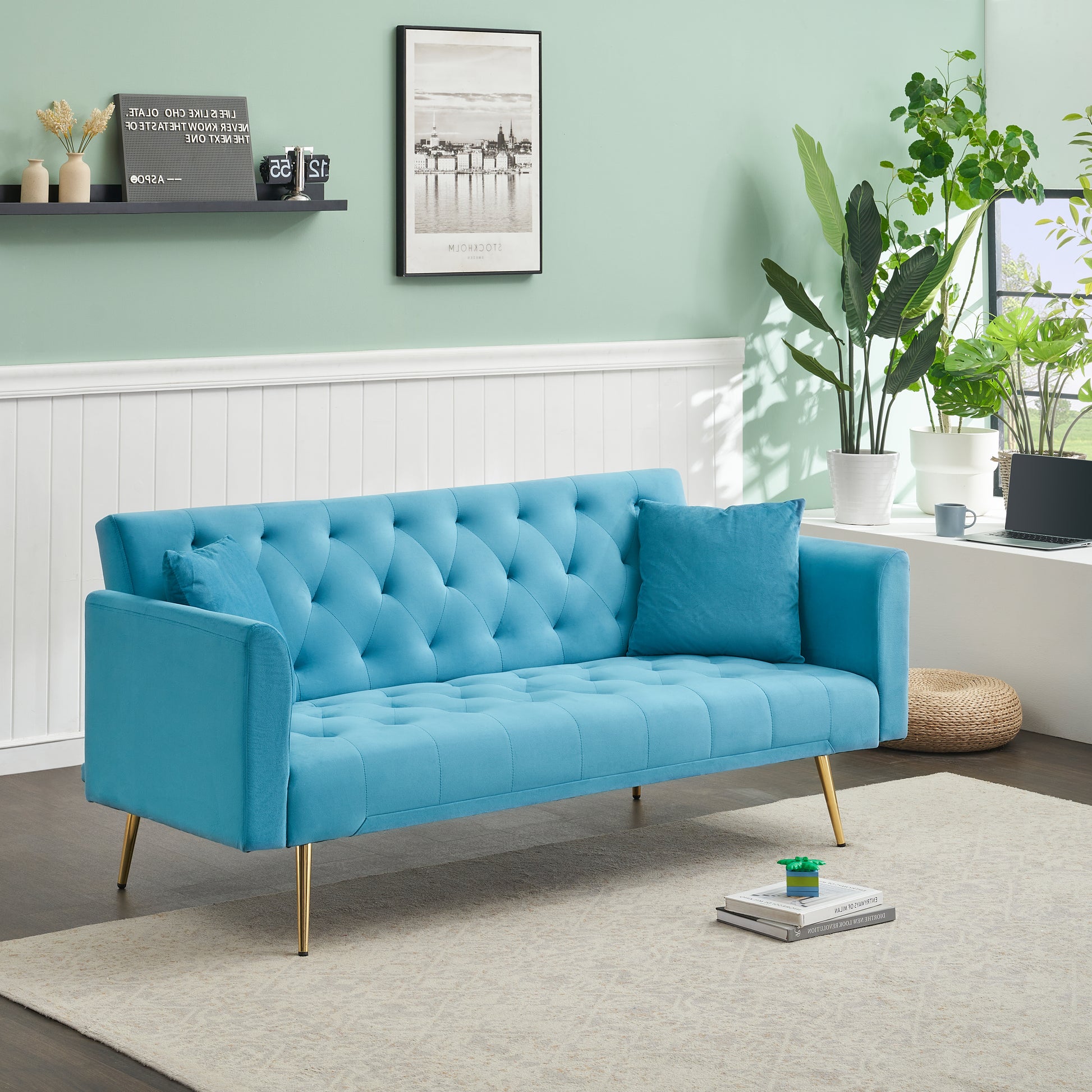 71 Inch Convertibleseat Sofa, American Retro, Light Blue Velvet, Suitable For Small Living Room, Bedroom, Office Light Blue Velvet 2 Seat
