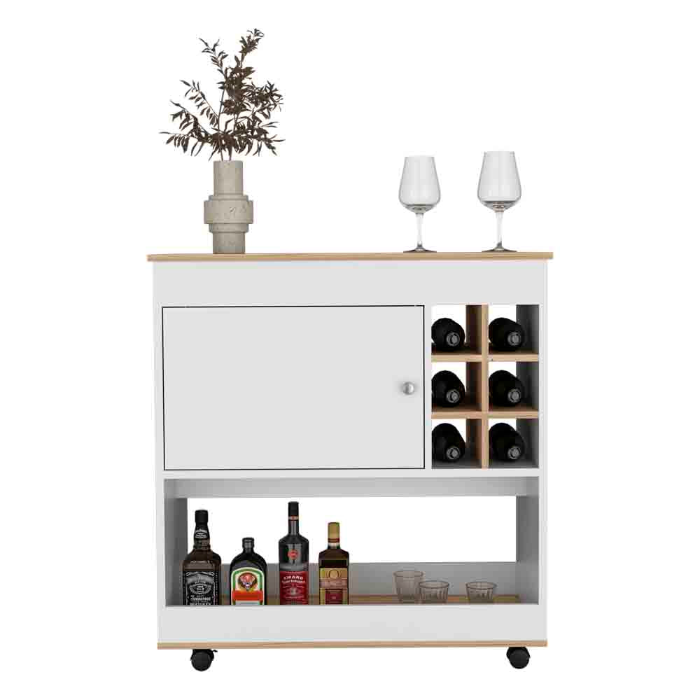 37" H Light Oak White Bar Coffee Cart, Kitchen Or Living Room Cabinet, With 4 Wheels, Central Storage With 2 Doors, Division For 6 Bottles And A Shelf With A Wooden Front On The Bottom. Multicolor