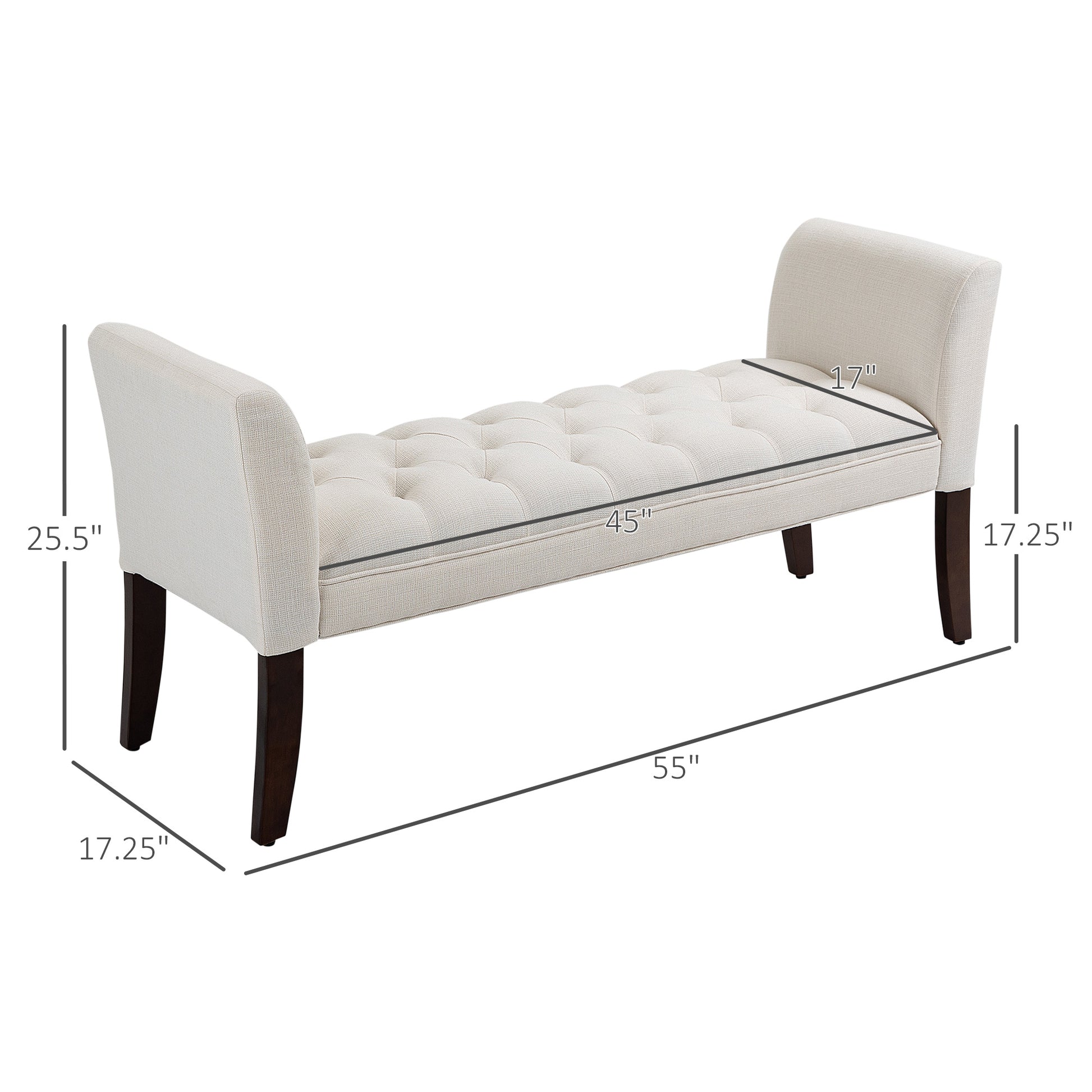 Homcom End Of Bed Bench With Button Tufted Design, Upholstered Bedroom Entryway Bench With Arms And Solid Wood Legs For Bedroom, Cream White Cream White Wood