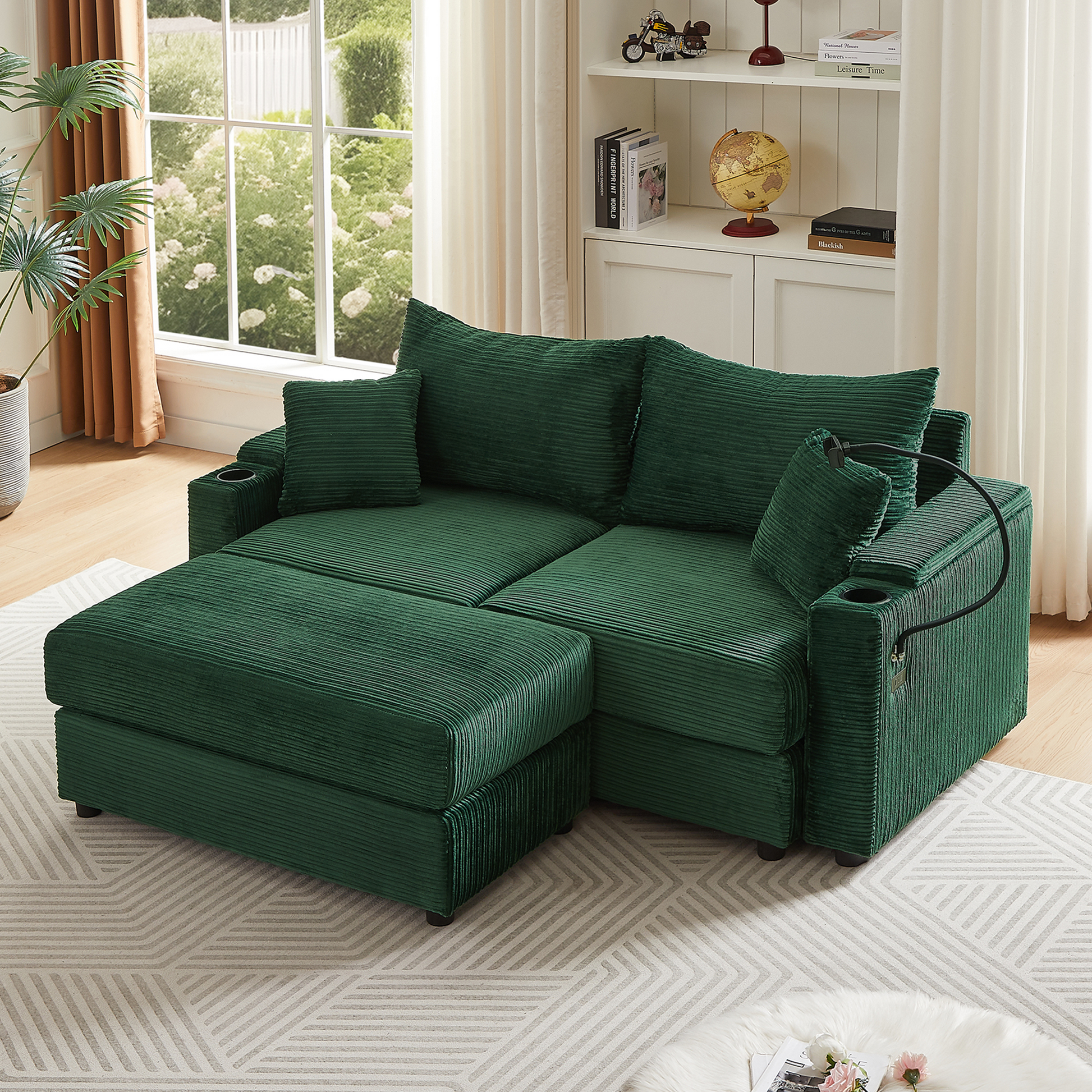 72.8" Modern Style Loveseat Sofa Sectional Sofa Couch With Storage Space, A Movable Ottoman, Two Usb Ports, Two Cup Holders, A Phone Holder For Living Room, Green Green Foam Corduroy 3 Seat