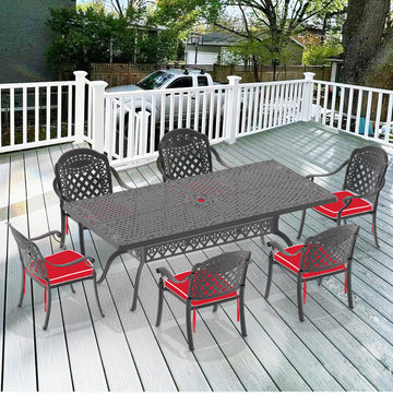 Cushions In Random Colors 7 Piece Set Of Cast Aluminum Patio Furniture With Cushions Yes Dining Set Black Seats 6 Rust Resistant Frame Water Resistant Cushion Garden & Outdoor Aluminium