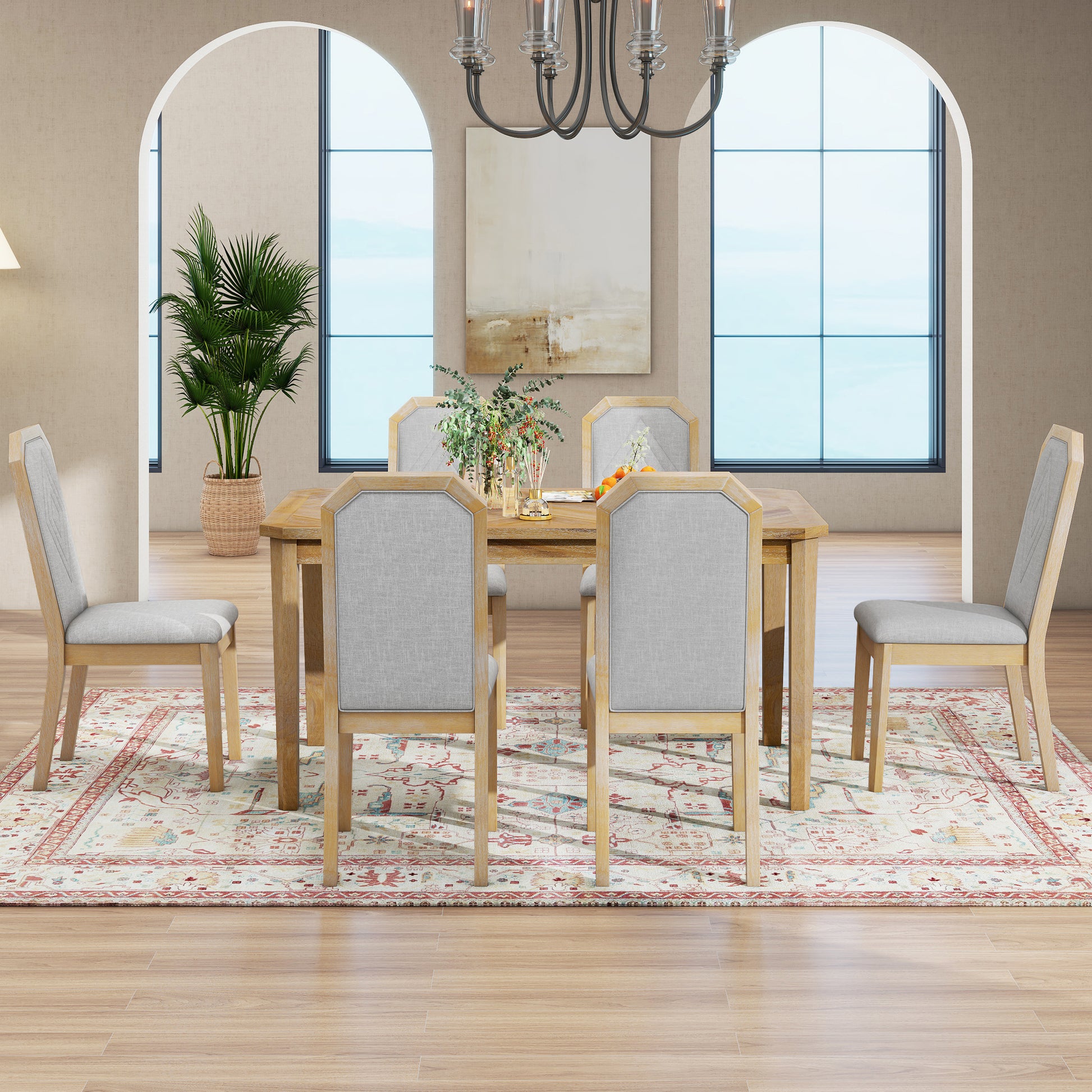 7 Piece Farmhouse Dining Set Classic Rustic Table And 6 High Back Design Chairs For Dining Room, Kitchen Natural Wood Wash Natural Wood Wash Solid Wood Mdf