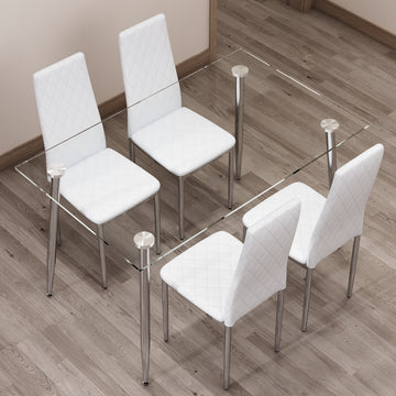 Table And Chair Set.Rectangular Dining Table With Tempered Glass Tabletop And Silver Plating Metal Legs.Paired With 4 Checkered Armless High Back White Chairs With Electroplated Metal Legs. White Seats 4 Glass Metal