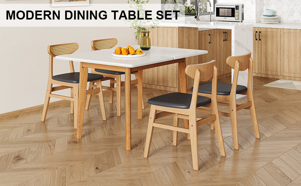 Table And Chair Set. White Sintered Stone Tabletop, Rubberwood Legs, Foldable Computer Desk, Foldable Desk. Solid Wood Dining Chair With Small Curved Backrest And Pu Cushions. Zd 1545 Dx 2361 Wood Seats 4 Wood