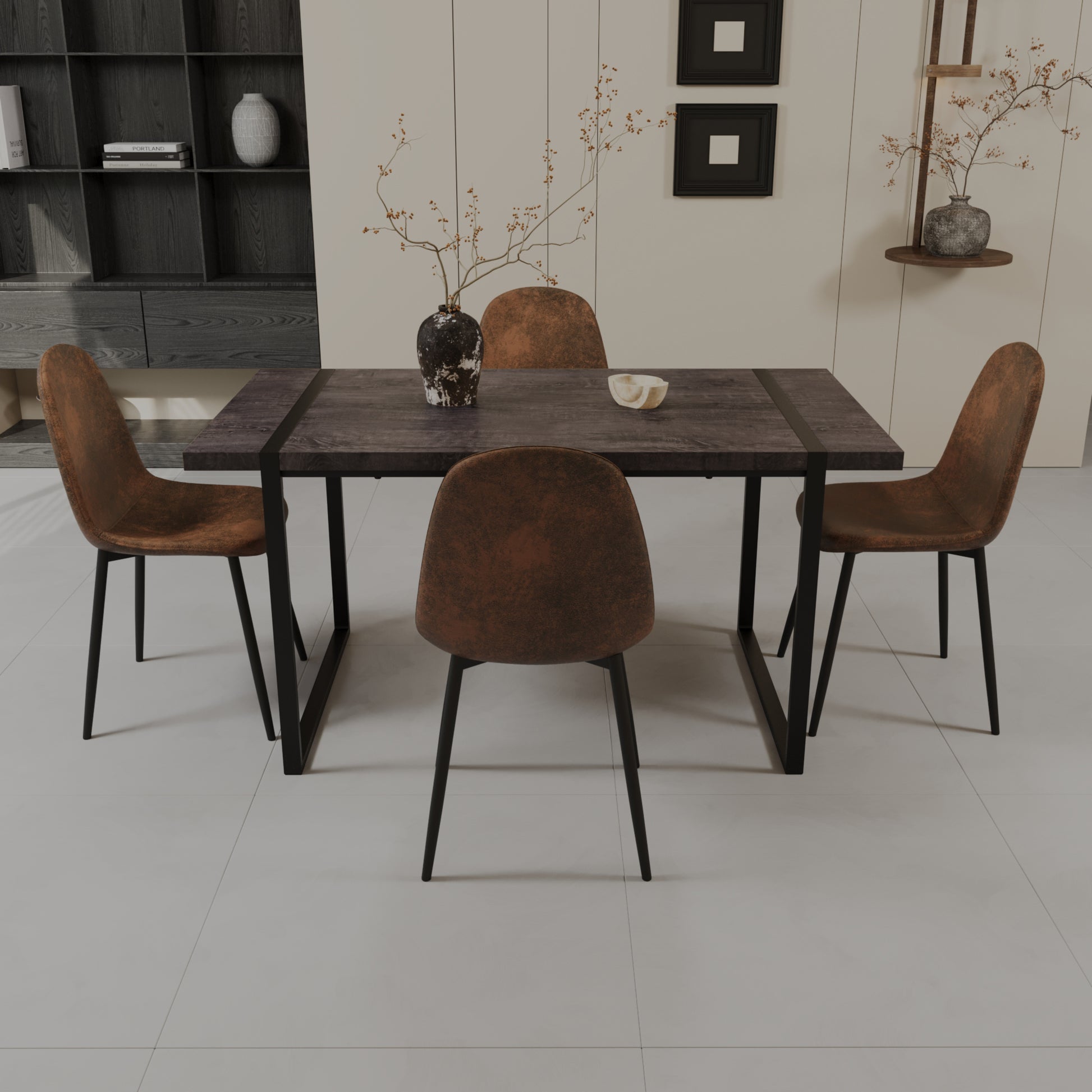 Mdf Black Wooden Dining Table And Modern Dining Chair Set Of 4 Pieces, Medieval Wooden Kitchen Dining Table Set, Black Rectangular Metal Base, Dining Table And Suede Chair Set Black Brown Mdf