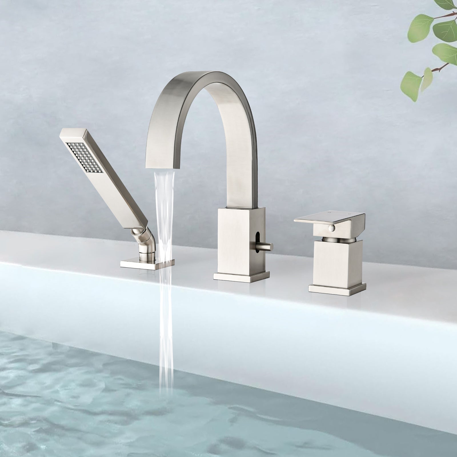 Waterfall Bathtub Faucet With Sprayer, 3 Hole Roman Tub Filler With Hand Shower Deck Mount Waterfall Tub Spout Set Brushed Nickel Stainless Steel