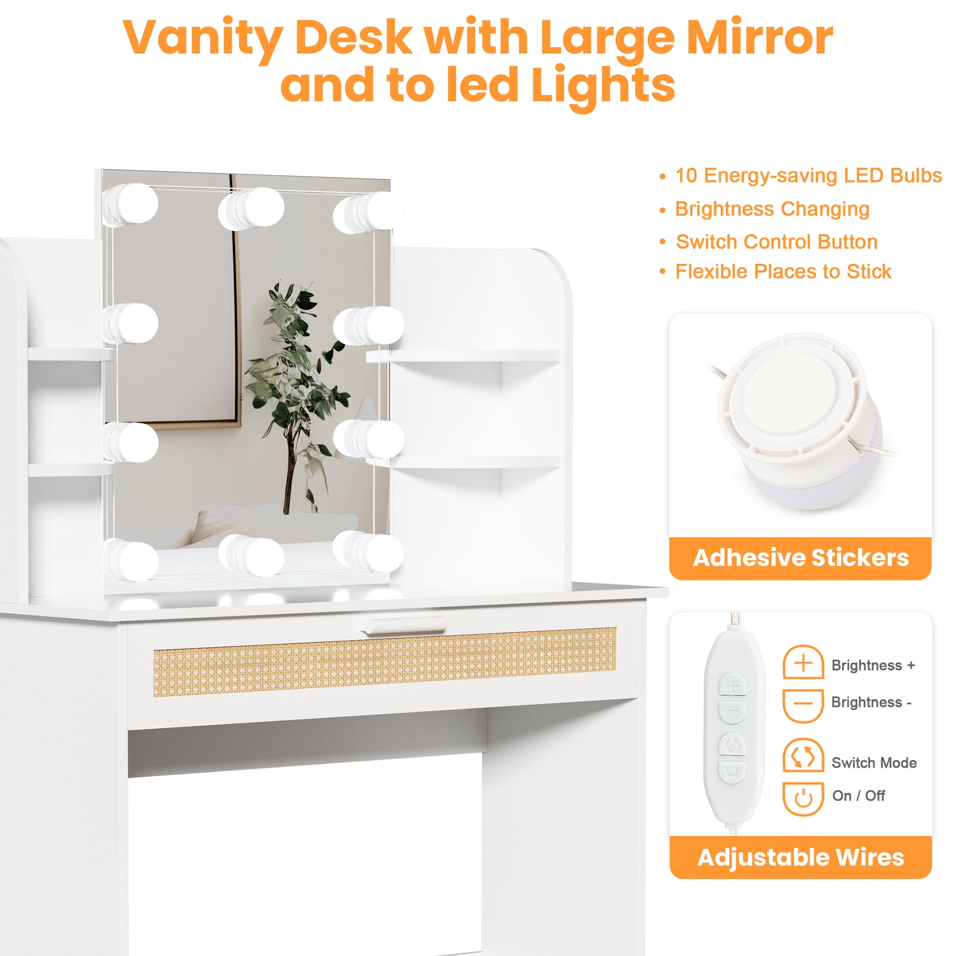 Vanity Desk Set Stool & Dressing Table With Led Lighting Mirror Drawer And Compartments Modern Wood Cosmetic Table Chest Of Drawers White Color Gloss White White 1 Drawer Bedroom Wood