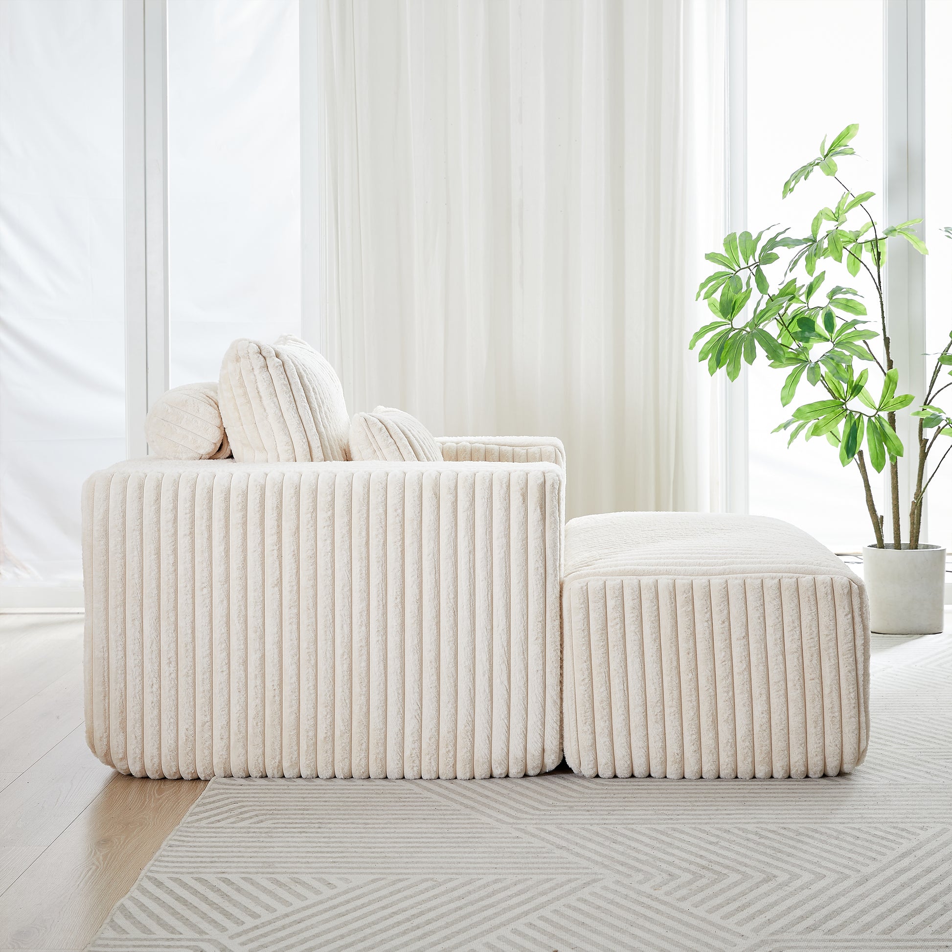 62.5 Inch Corduroy Sponge Sofa Lounge Chair With Removable Footrest,No Assembly Required,Fluffy Modern Sleeper Chair For Indoor Living Room Bedroom Beige Foam Corduroy 1 Seat