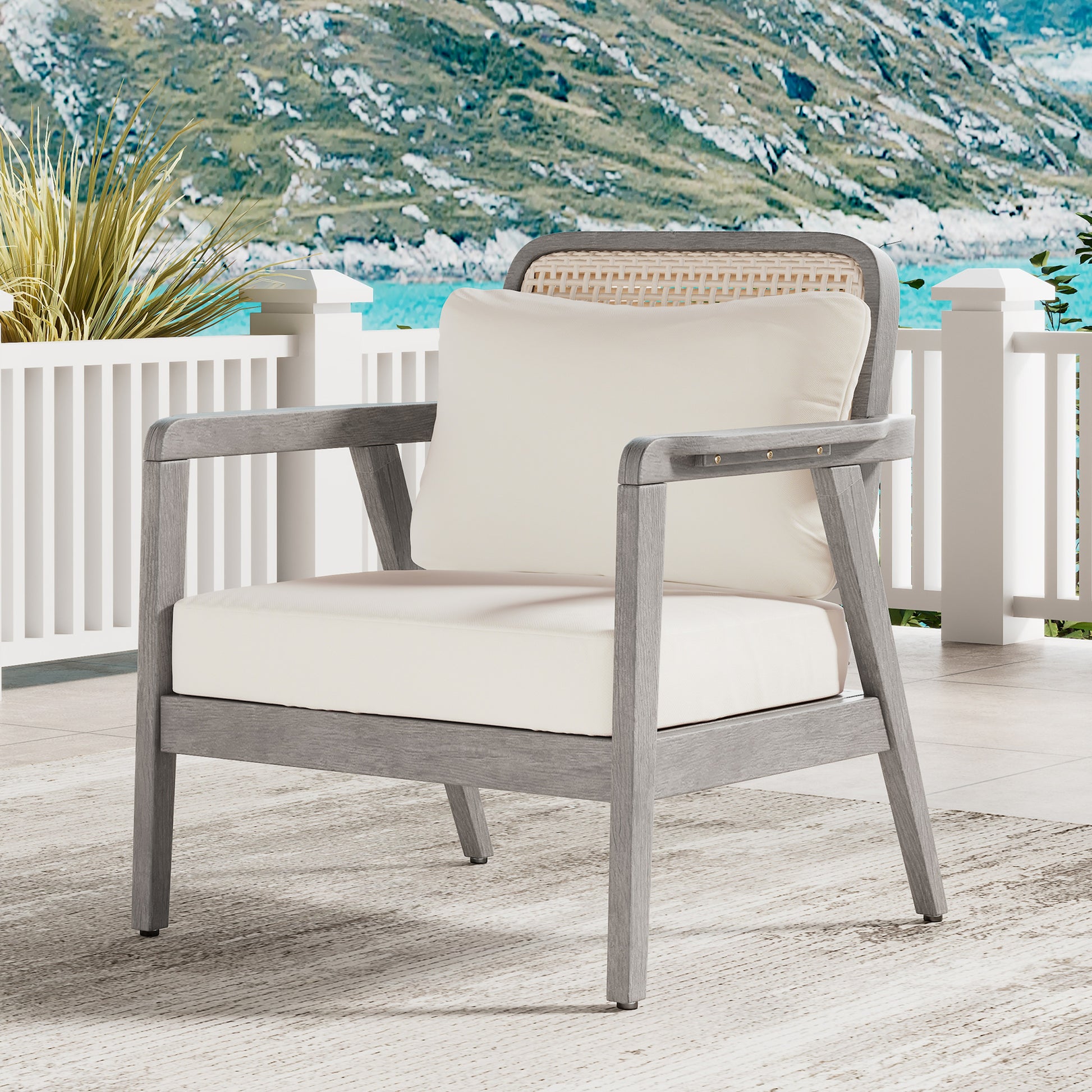 Outdoor Acacia Wood Patio Club Chair, Patio Furniture,Waterproof Thick Cushion Deep Seating For Porch, Garden, Backyard, Balcony, Weight Capacity 400Lbs, Light Gray Finish, Cream Cushion Yes Deep Seating Light Gray Garden & Outdoor Foam Acacia Wood