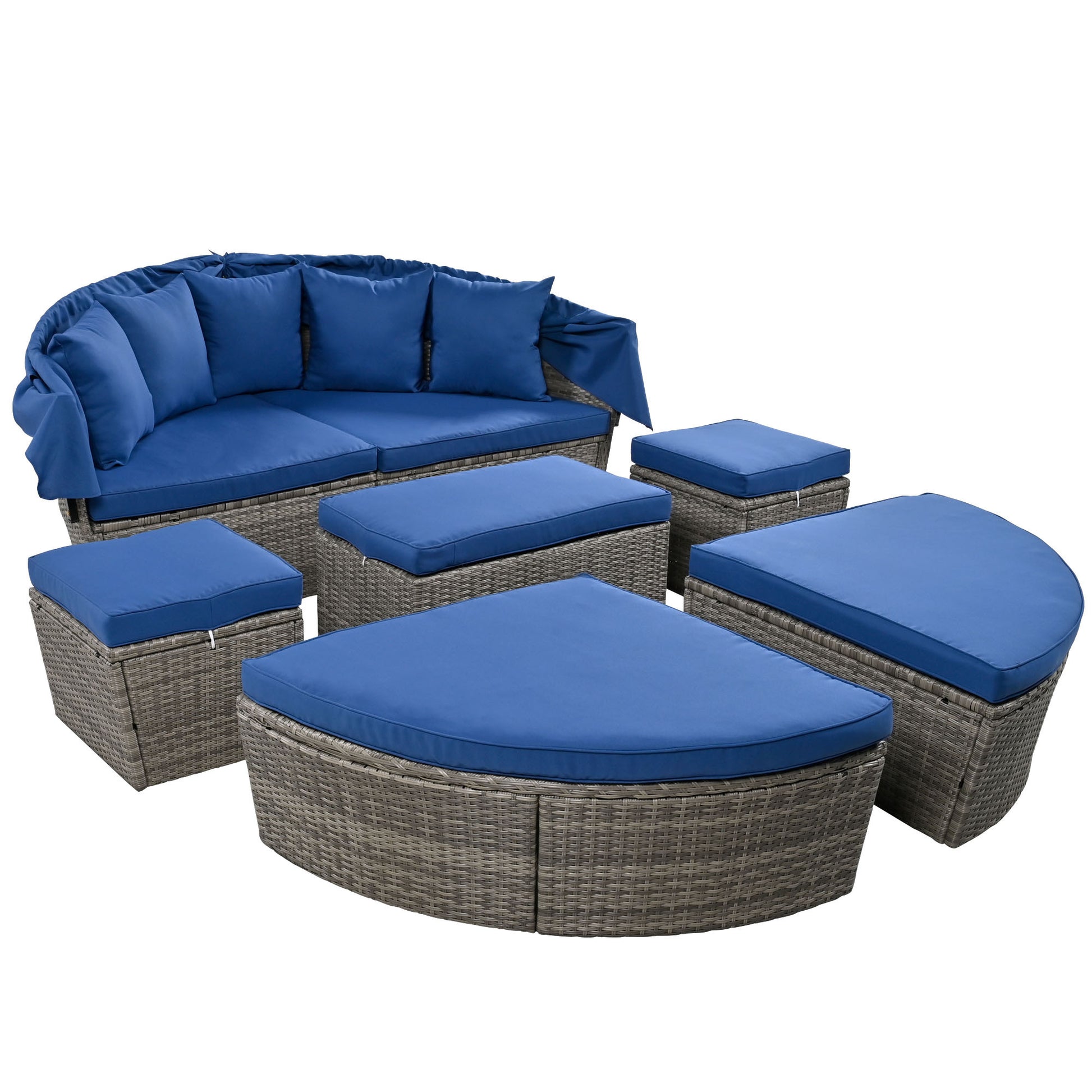 Outdoor Rattan Daybed Sunbed With Retractable Canopy Wicker Furniture, Round Outdoor Sectional Sofa Set, Gray Wicker Furniture Clamshell Seating With Washable Cushions, Backyard, Porch, Blue Yes Blue Seats 8 Garden & Outdoor Foam Wicker