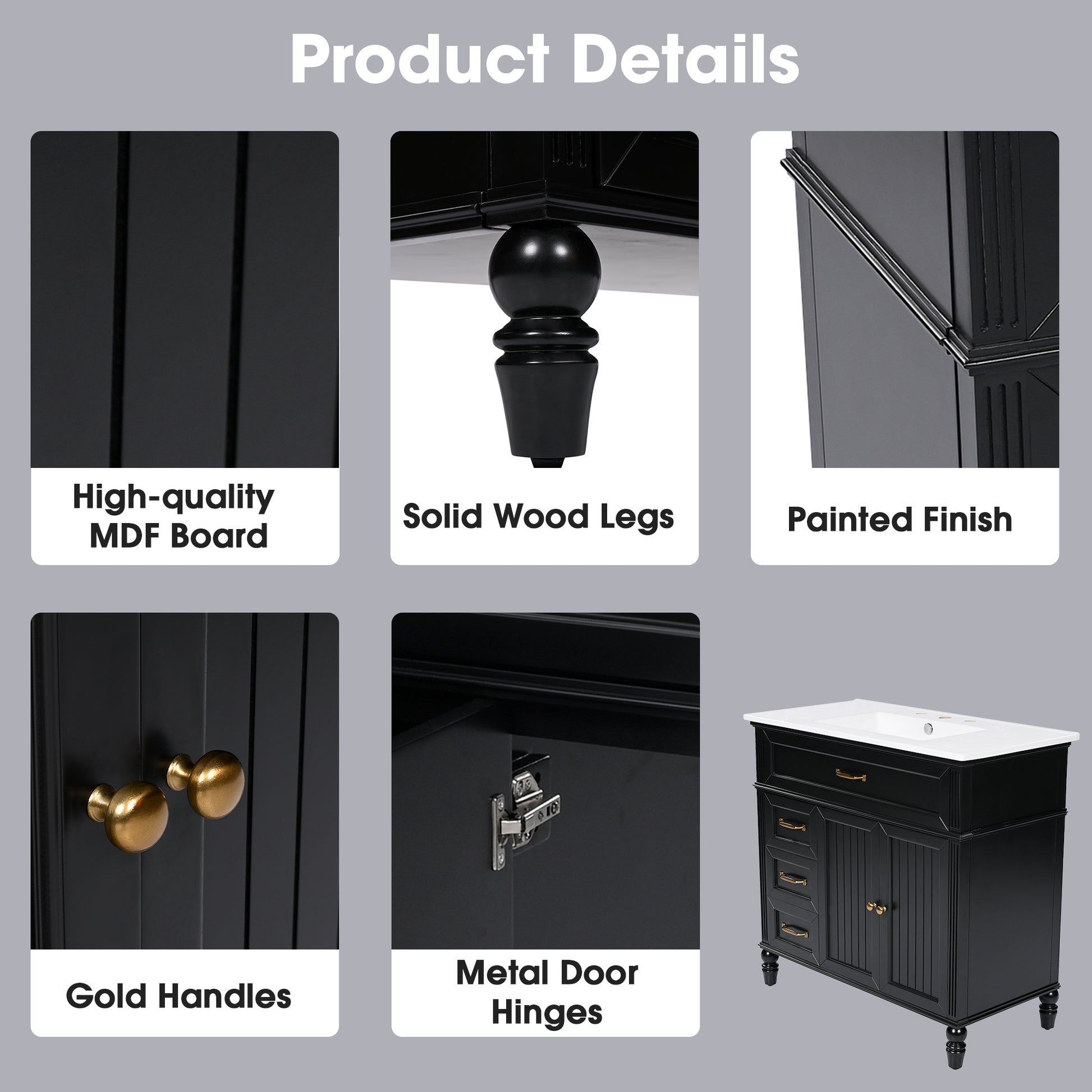 36" Bathroom Vanity With Sink, Black Bathroom Cabinet With Drawers, Solid Frame And Mdf Board, One Package Black Solid Wood Mdf