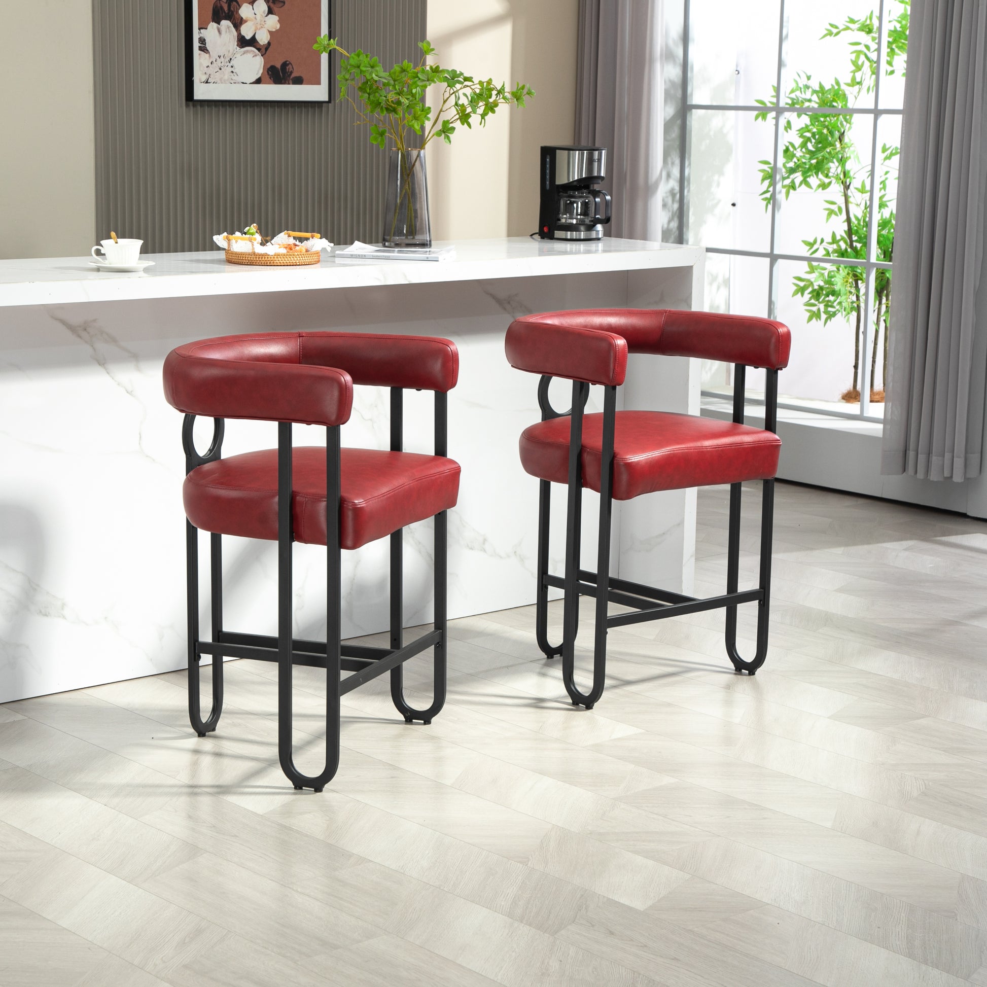 Coolmore Bar Stools Set Of 2, Modern Bar Stool With Back, Black Metal Frames, Upholstered Bar Stools For Kitchen Island, Pub, Club Wine Red Pu Wine Red Dining Room Foam Pu Leather
