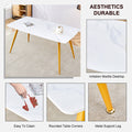 Modern Minimalist Dining Table. White Imitation Marble Pattern Sintered Stone Desktop With Golden Metal Legs.62