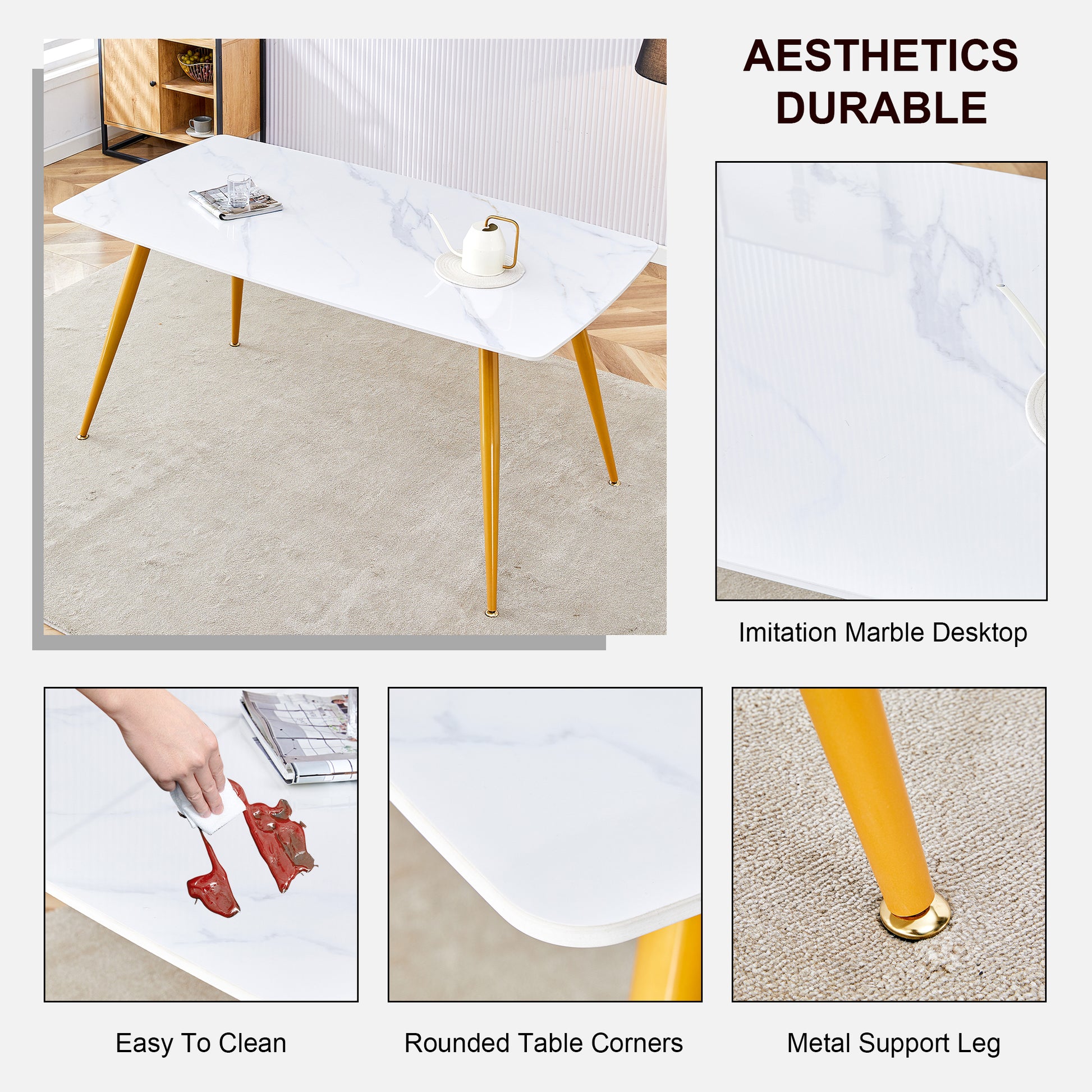 Modern Minimalist Dining Table. White Imitation Marble Pattern Sintered Stone Desktop With Golden Metal Legs.62"*34.6"*29.9" F 001 Gold Sintered Stone