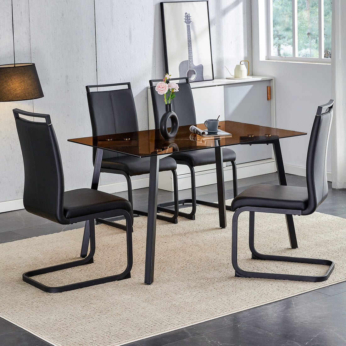 Table And Chair Set. Large Modern Rectangular Table With Brown Glass Top And Black Metal Legs. It Is Equipped With Soft And Comfortable Pu Seats, Faux Leather Upholstered Seats, And Sturdy Metal Legs. Black Seats 4 Glass Metal