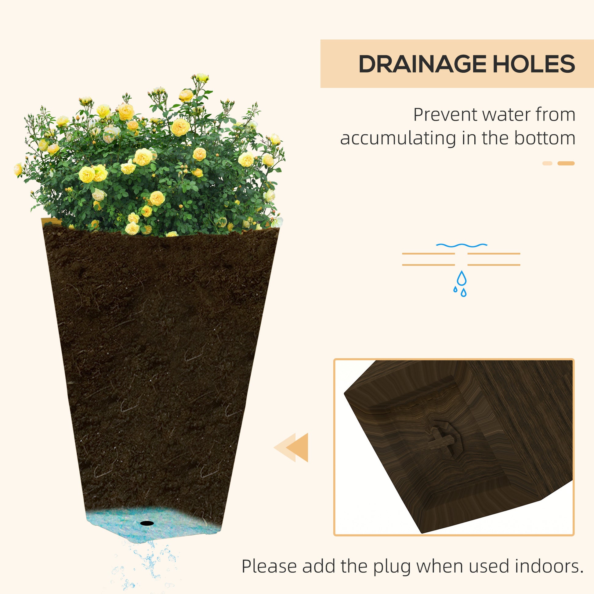 Outsunny 28" Tall Outdoor Planters, Set Of 3 Large Taper Planters With Drainage Holes And Plug, Faux Wood Plastic Flower Pots For Outdoor, Indoor, Garden, Patio, Brown Brown Polypropylene