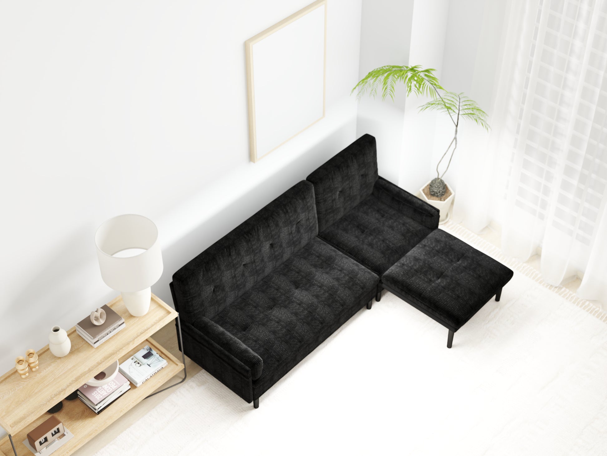 Black Corduroy Sectional Sofa: Convertible 3 Seaters Sofa, L Shaped Sofa, And Bed Black Velvet Metal Primary Living Space Medium Soft Loose Back Pillow Top Arms Foam Fabric Metal 3 Seat