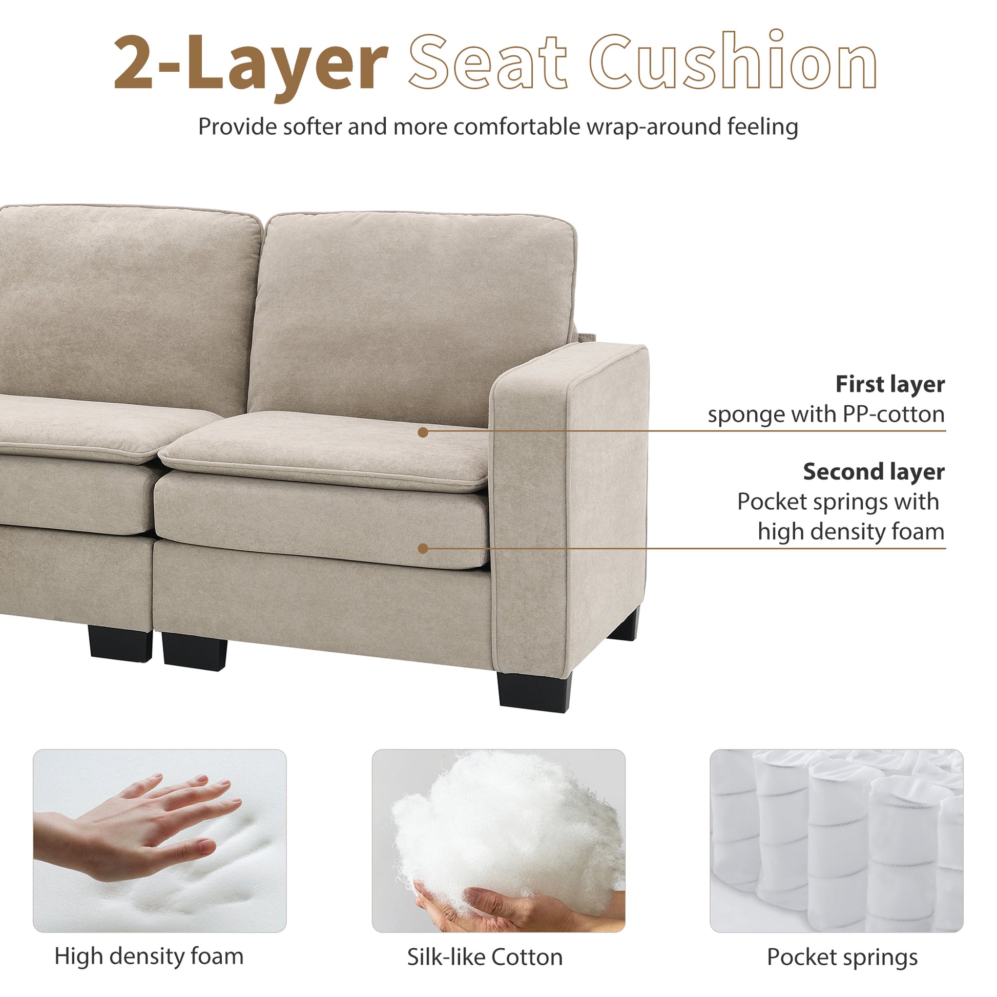 89*89" Oversized Velvet Modern Sectional Sofa,Large L Shaped Upholstered Indoor Furniture With Double Cushions,5 Seat Cloud Corner Couch For Living Room,Apartment,Office,2 Colors Khaki Fabric 5 Seat