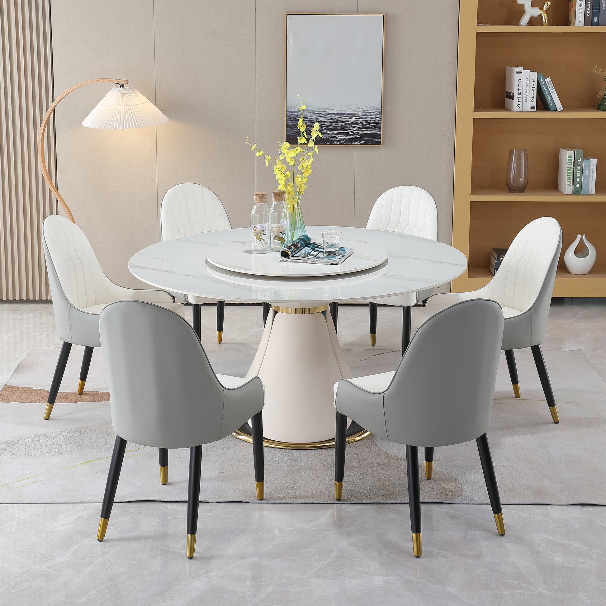 59.05"Modern Sintered Stone Dining Table With 31.5" Round Turntable With 6 Pcs Chairs . Metal White Seats 6 American Design Round Round Sintered Stone