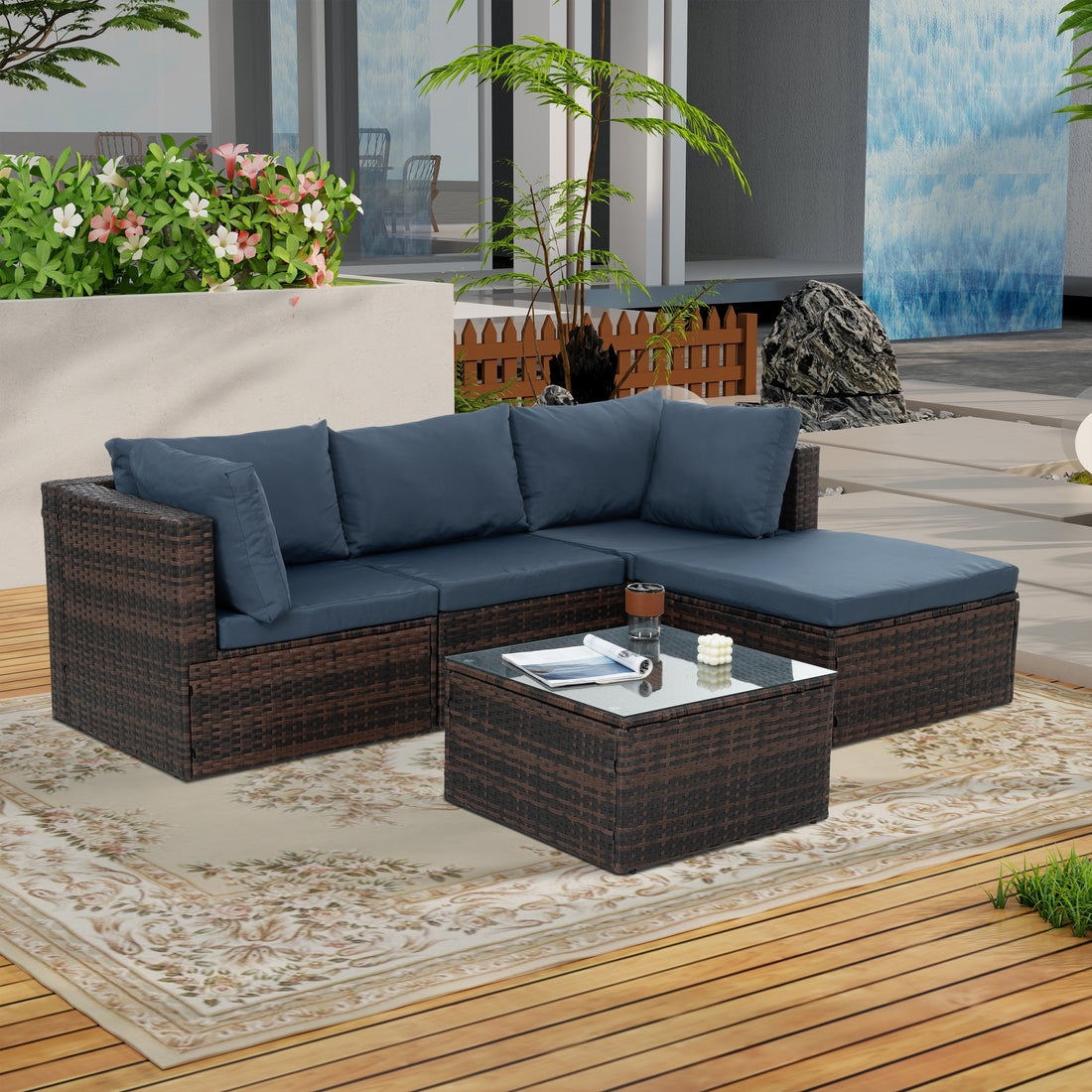 Patio Furniture, Outdoor Furniture, Seasonal Pe Wicker Furniture, 5 Set Wicker Furniture With Tempered Glass Coffee Table Brown Seats 4 Pe Rattan Iron Waterproof Fabric