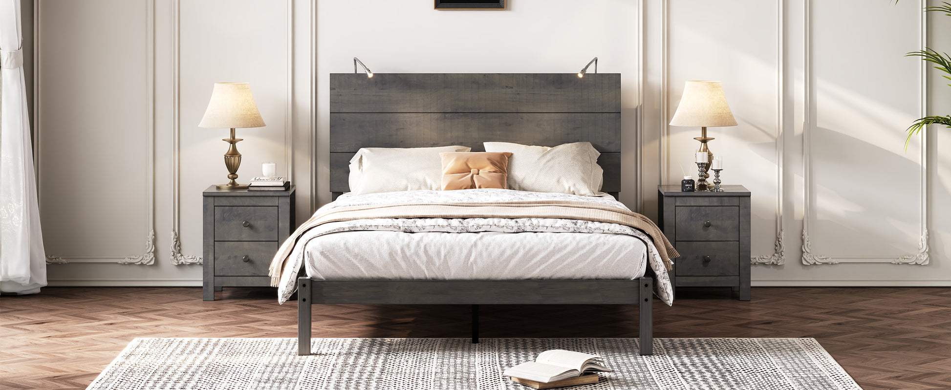 3 Pieces Bedroom Sets, Full Size Farmhouse Platform Bed With Two Bedside Lights, 2 Drawer Nightstand, Antique Gray Full Antique Gray 3 Piece Set Wood