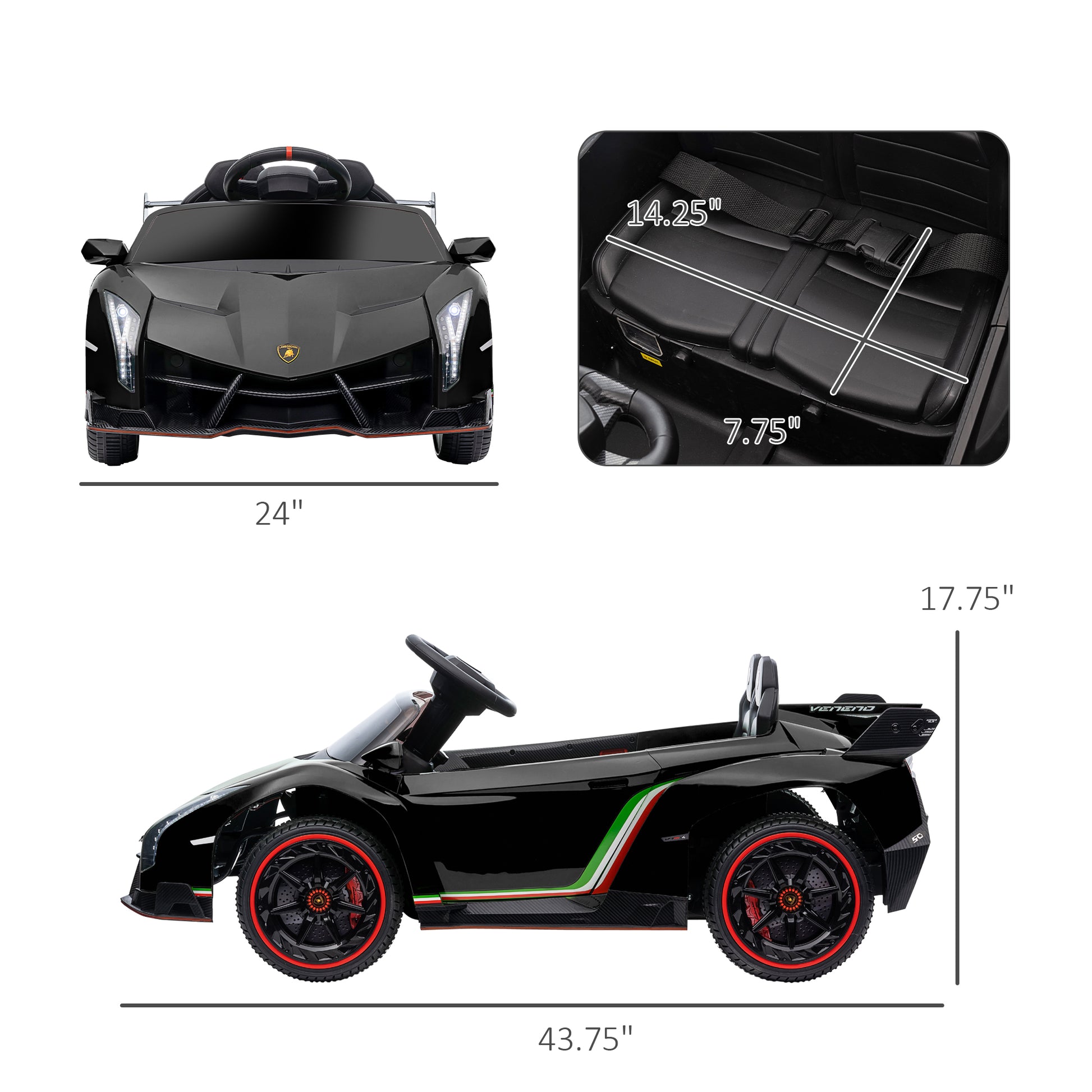 Aosom Lamborghini Veneno Licensed Kids Electric Car With Bluetooth, 12V Ride On Car With Butterfly Doors, Remote Control, Portable Battery, Suspension System, Horn, Songs, Lights, Black Black
