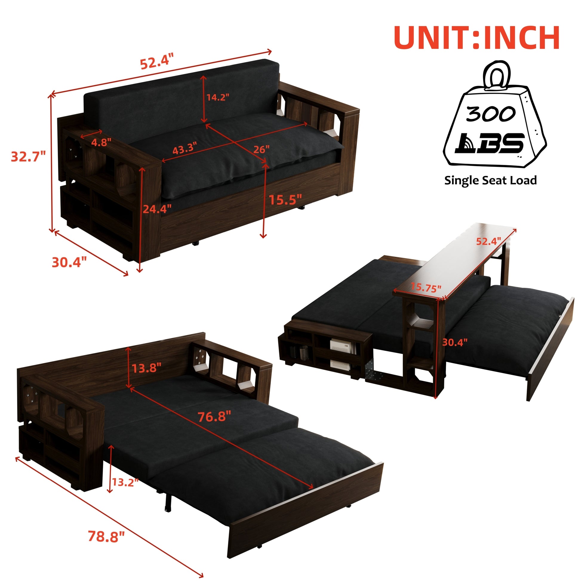 3 In 1 Convertible Sleeper Sofa Bed,Modern Velvet Loveseat Couch With Pull Out Bed,Small Beautiful Seat Futon Sofa Bed With Convertible Office Desk,Black Black Metal & Wood 2 Seat