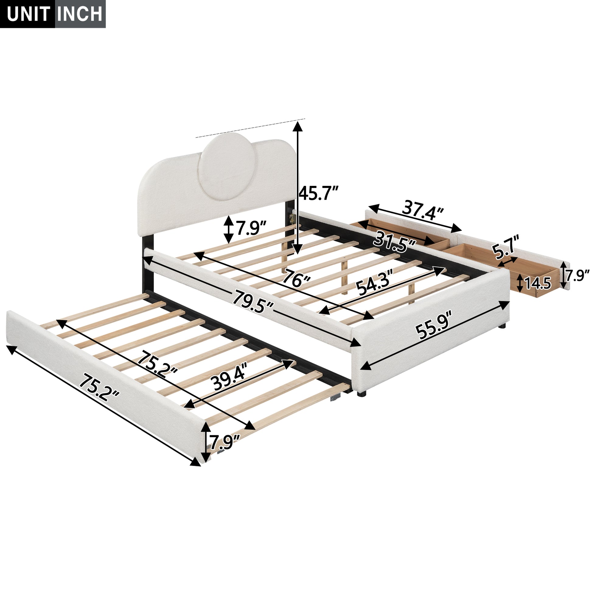 Full Size Upholstered Platform Bed With Multi Functional Headboard, Trundle And 2 Drawers, White Box Spring Not Required Full White Wood Bedroom Upholstered