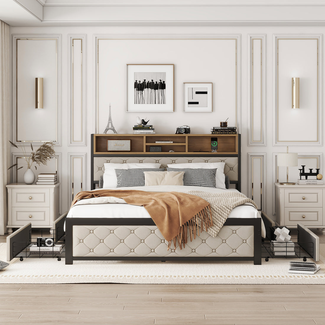 Metal Queen Size Platform Bed With 4 Drawers, Upholstered Headboard And Footboard, Sockets And Usb Ports, Beige Queen Beige Black Fabric Metal