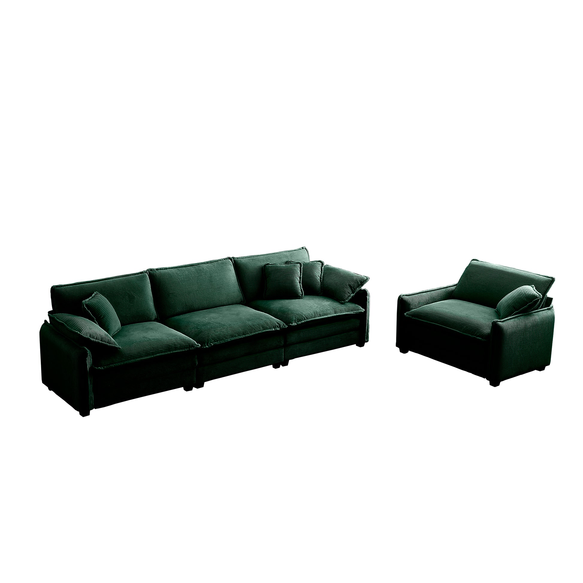 Mid Century Modern Sofa Set Of Two, One 3 Seater Sofa And One Single Seat Sofa With 2 Arm Pillows And 4 Throw Pillows,2 Pieces Sofa Set For Living Room,Green Corduroy Fabric Green Corduroy 4 Seat