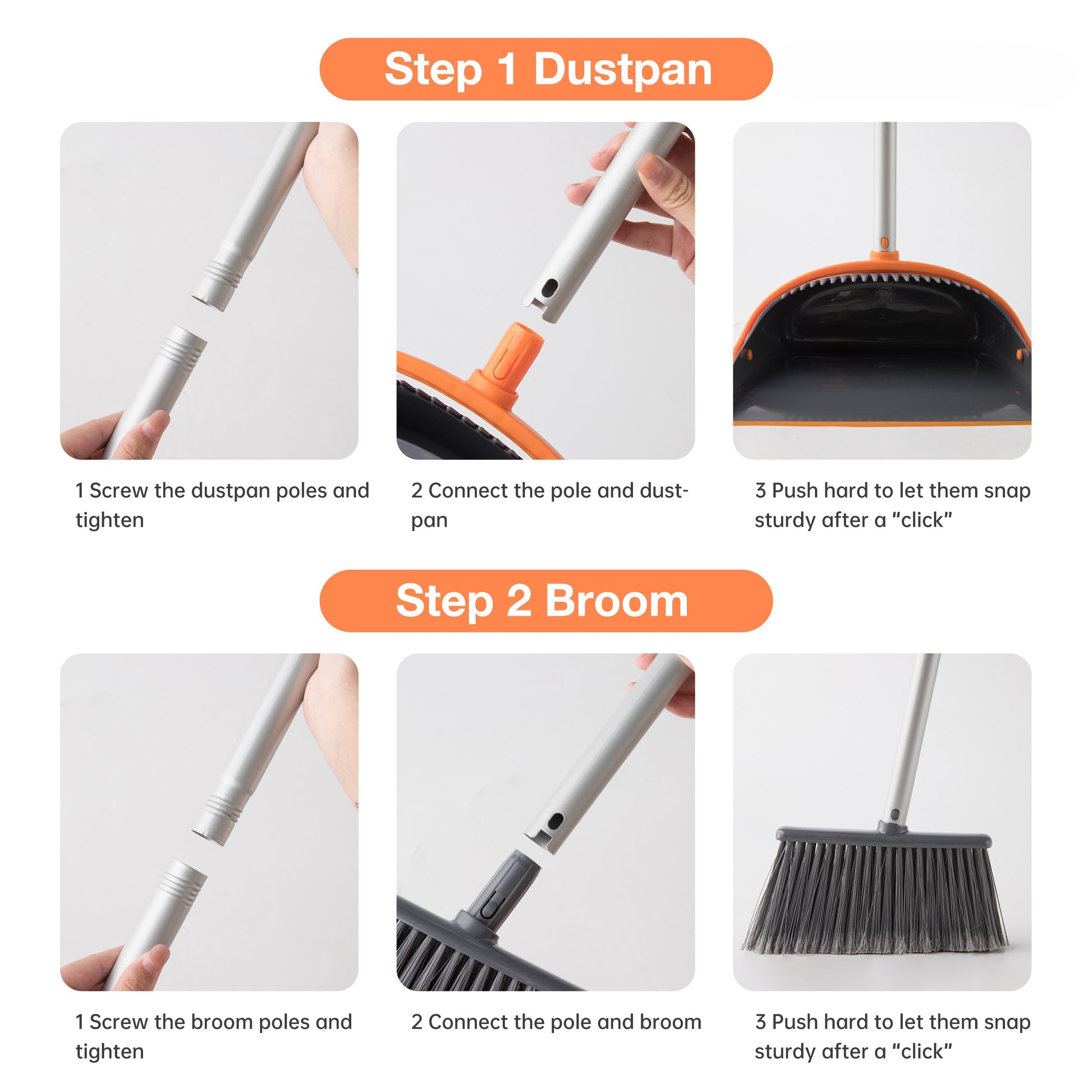Efficient Home Cleaning Combo,Broom And Dustpan Set With 52 Inch Long Handle Sturdy, Easy Assembly Perfect For Floors, Kitchens, Bathrooms Orange Grey Orange Plastic