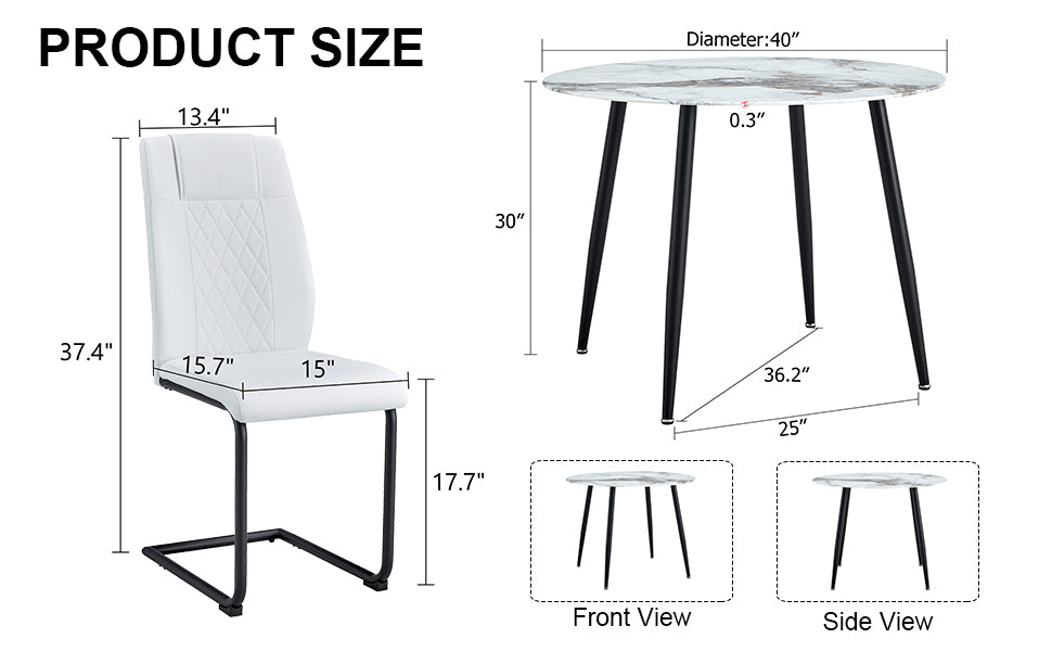 Table And Chair Set. Large Modern White Imitation Marble Patterned Round Table With Black Metal Legs. Nice Minimalism, Comfortable Seats And Black Metal Legs. White Black Seats 4 Glass Metal