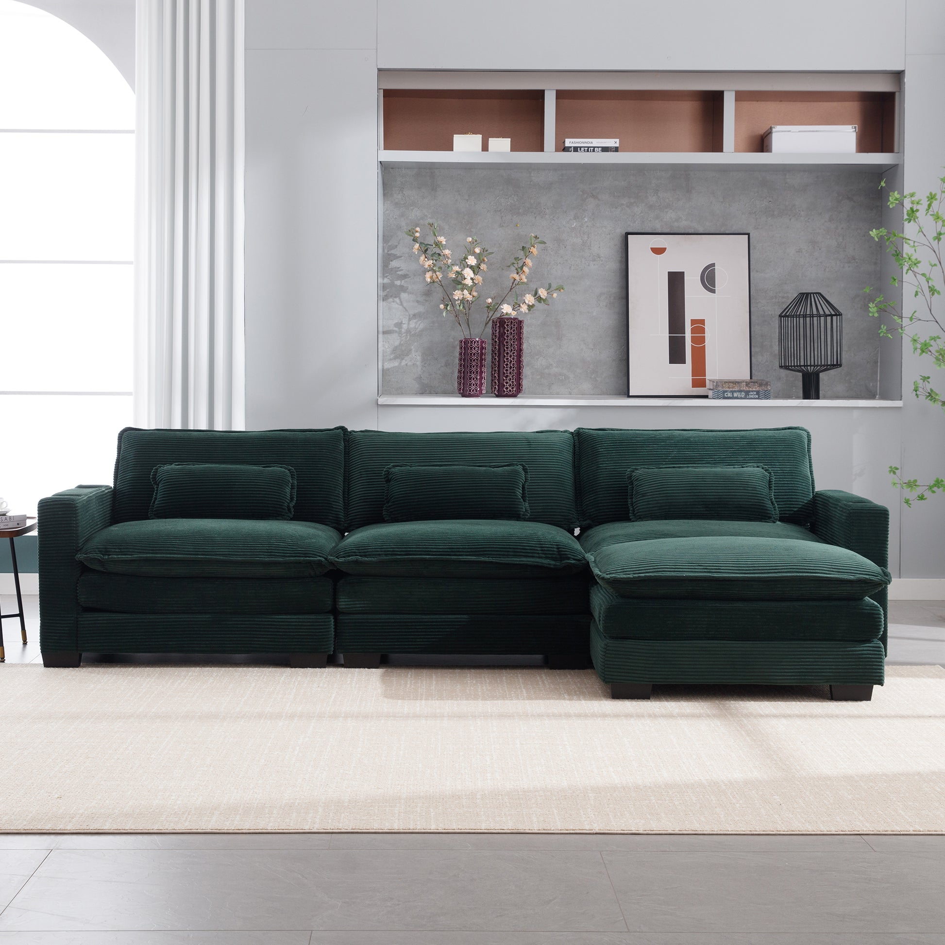 L Shape Sofa Couch With Usb & Cup Holders, Corduroy Stripe Fabric 3 Seater Sofa With 1 Ottoman, Green Green Wood 4 Seat