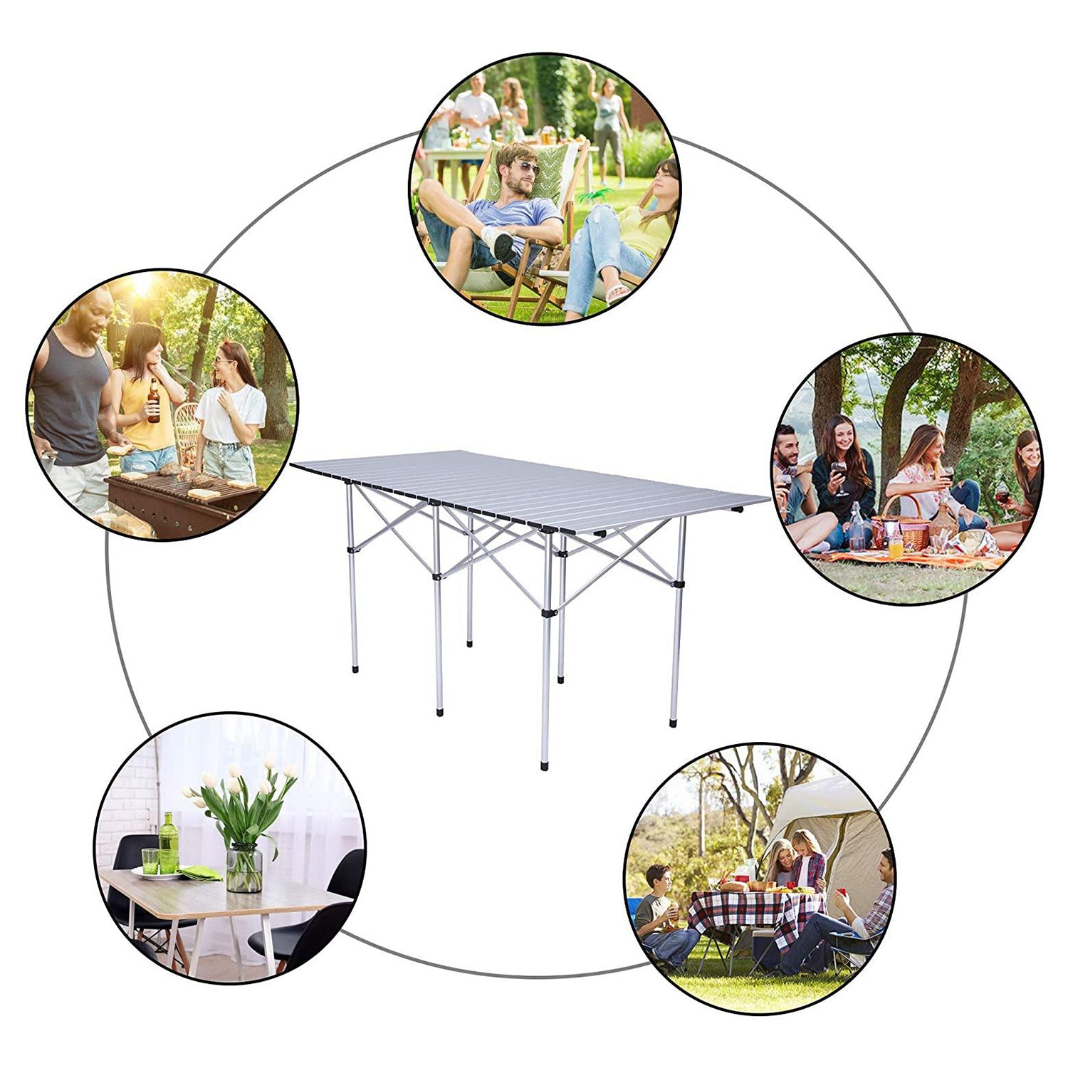 Portable Folding Lightweight Aluminum Camping Picnic Table For 4 6, Compact Roll Top Table With Carry Bag Silver Aluminum