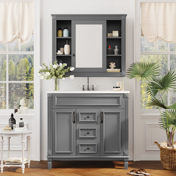 36'' Bathroom Vanity With Top Sink, Grey Mirror Cabinet, Modern Bathroom Storage Cabinet With 2 Soft Closing Doors And 2 Drawers, Single Sink Bathroom Vanity Grey Bathroom Mdf