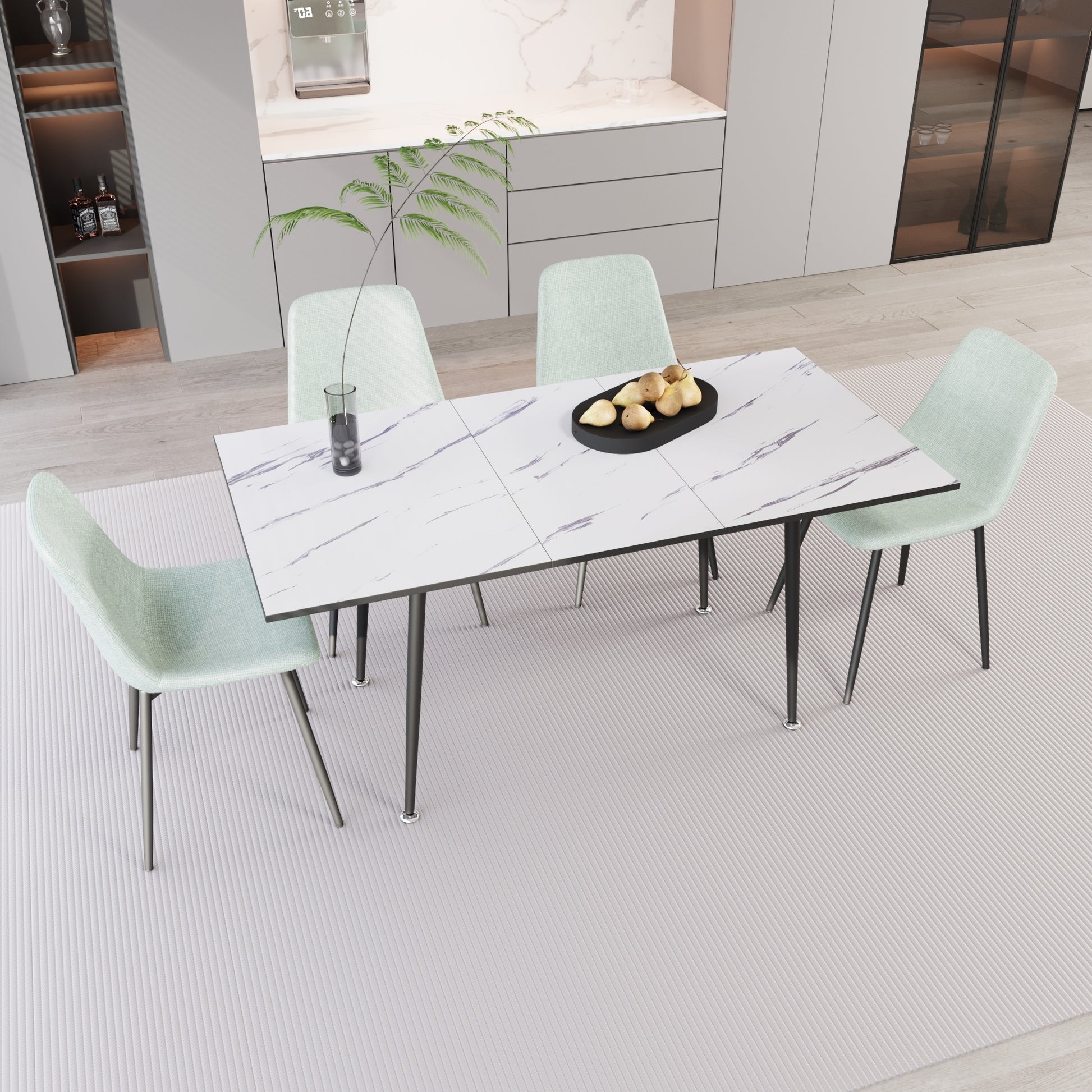 Scalable Mdf Modern Dining Table And Chair Set, Suitable For 2 6 People, White Dining Table And Modern Light Green Dining Chair 4 Piece Set, Medieval Dining Table Set, Metal Base And Linen Chair White Green Mdf