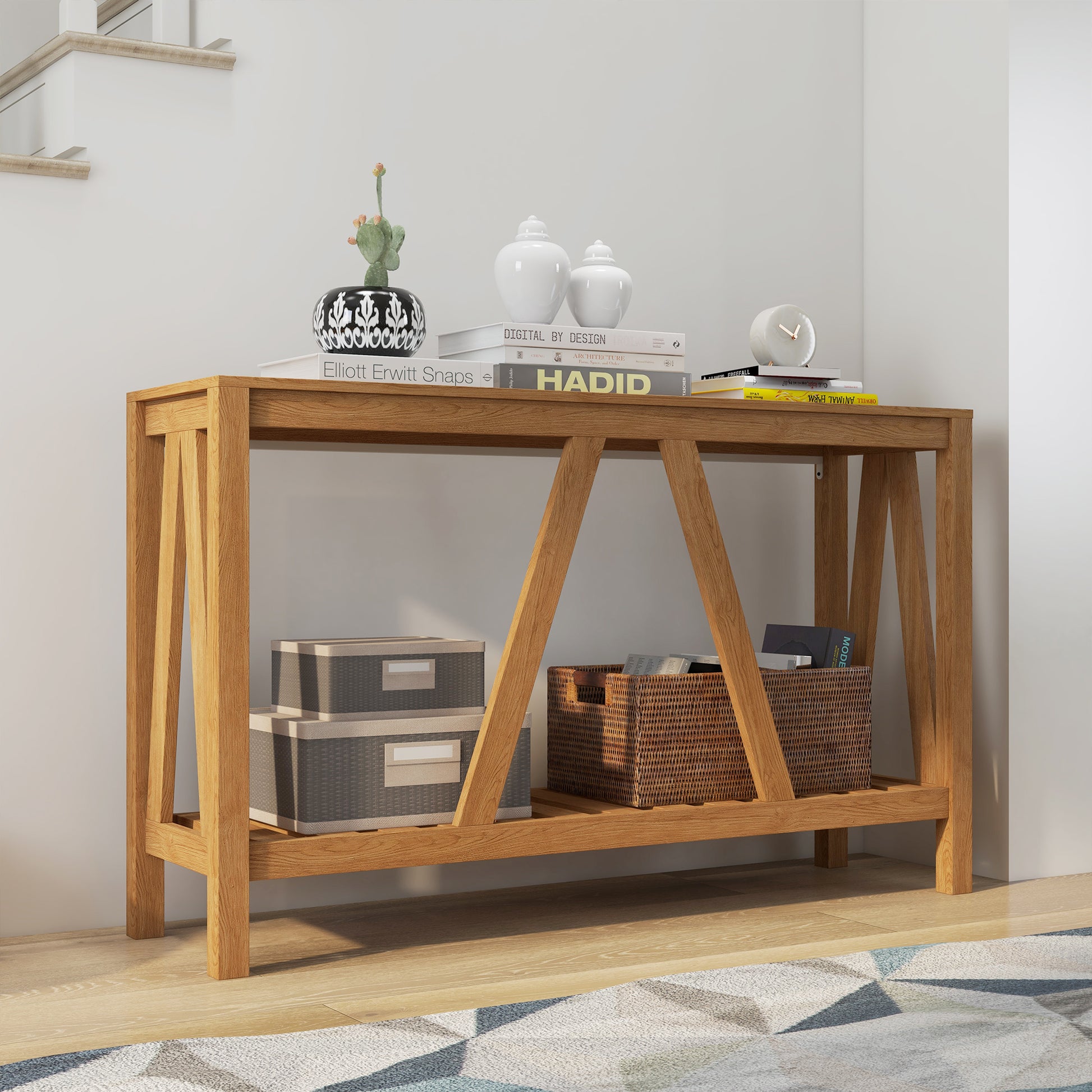 Homcom Console Table, Farmhouse Entryway Table With Storage Slatted Shelf, Rustic Sofa Table With Anti Tipper For Living Room, Hallway, Brown Brown Particle Board