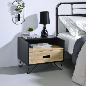 Oak And Black Nightstand With 1 Drawer Black Brown 1 Drawer Bedroom Oak Black Wood Metal