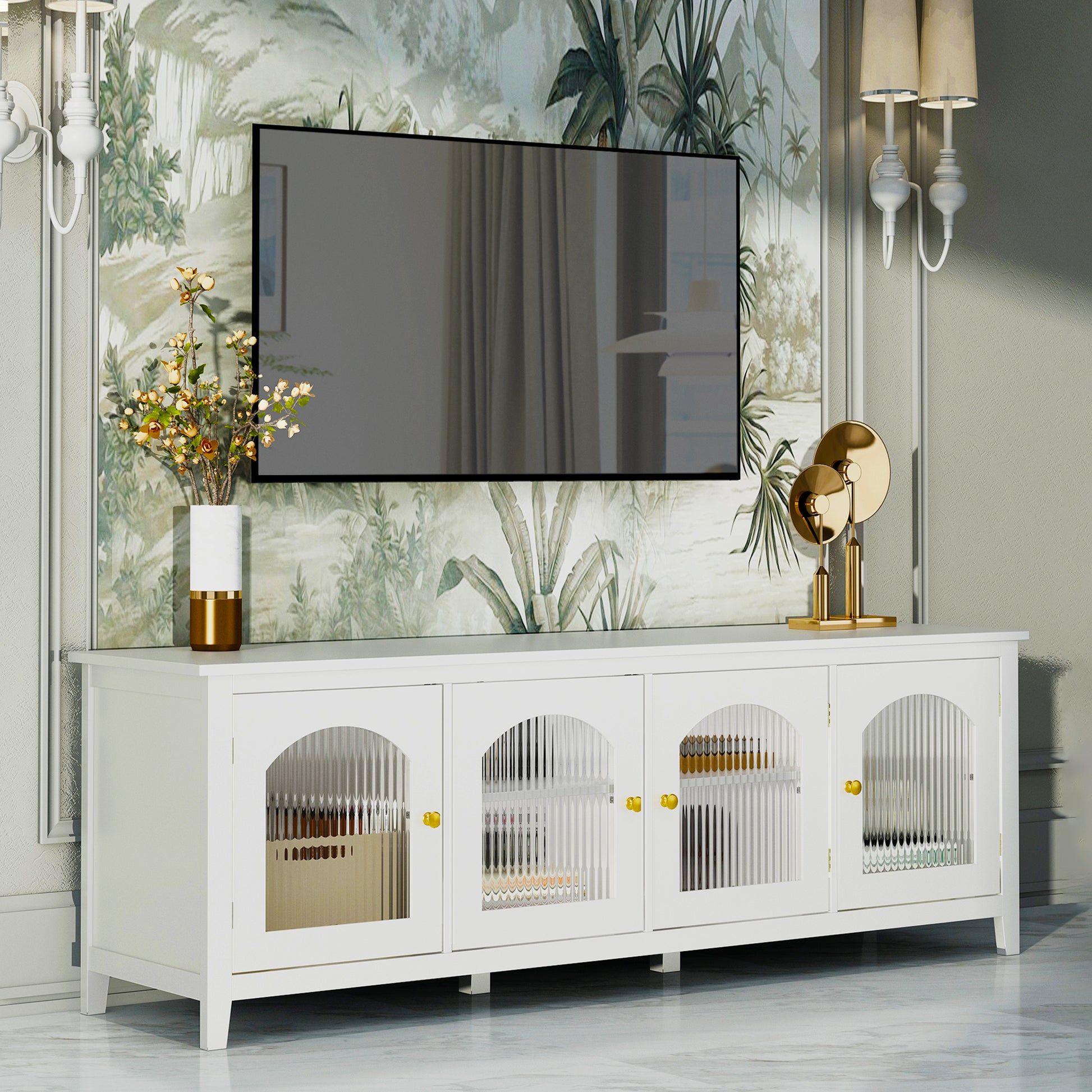 71 Inch Stylishtvcabinet,Entertainment Centertv Stand,Tvconsoletable,Media Console,Solidwood Frame,Changhong Glass Door,Metal Handle,Antique White,For The Children'S Room,Bedroom Living Room Antique White Primary Living Space 70 79 Inches 70 79 Inches