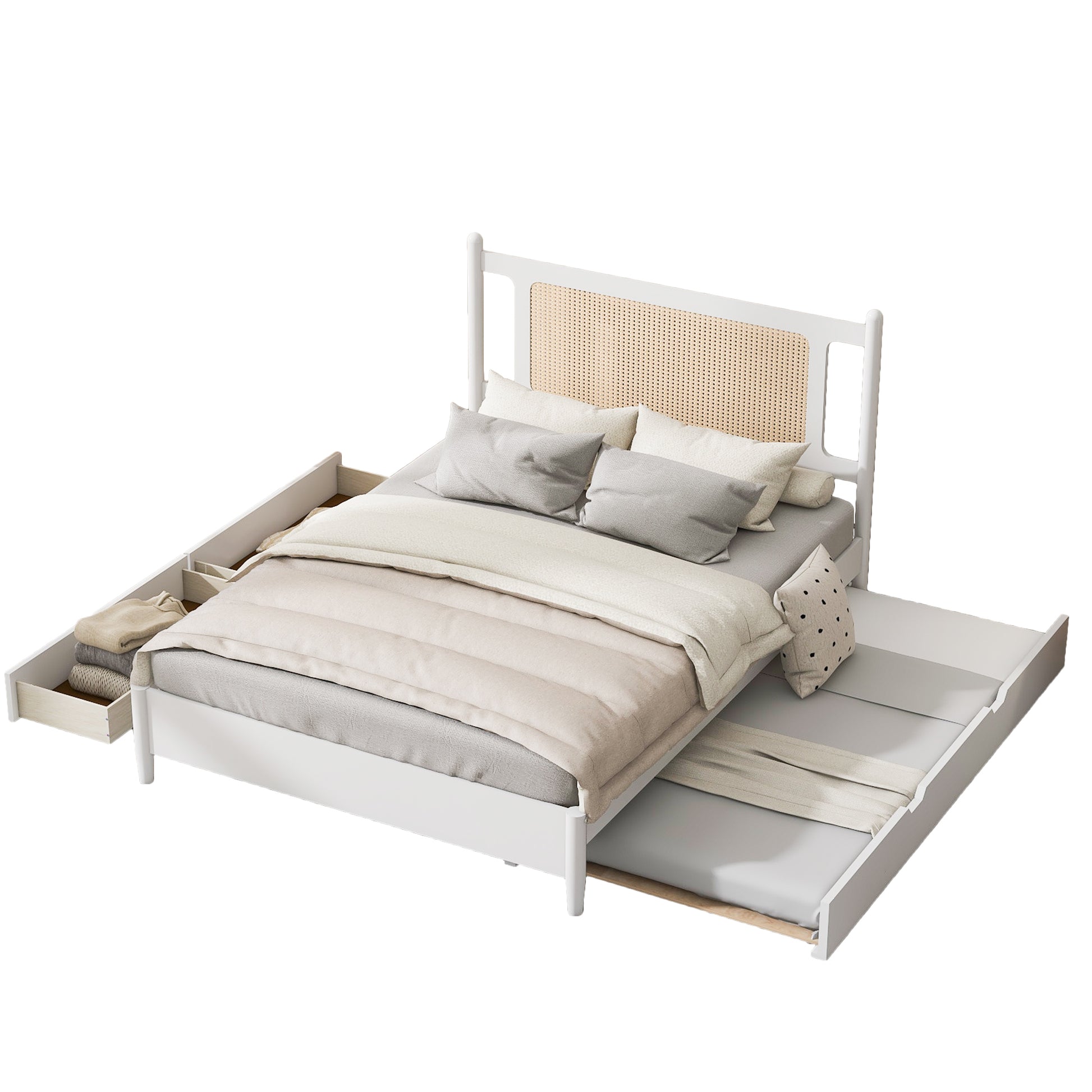 Queen Size Wooden Rattan Platform Bed, With 2 Big Drawers, T Size Trundle, White Queen White Plywood