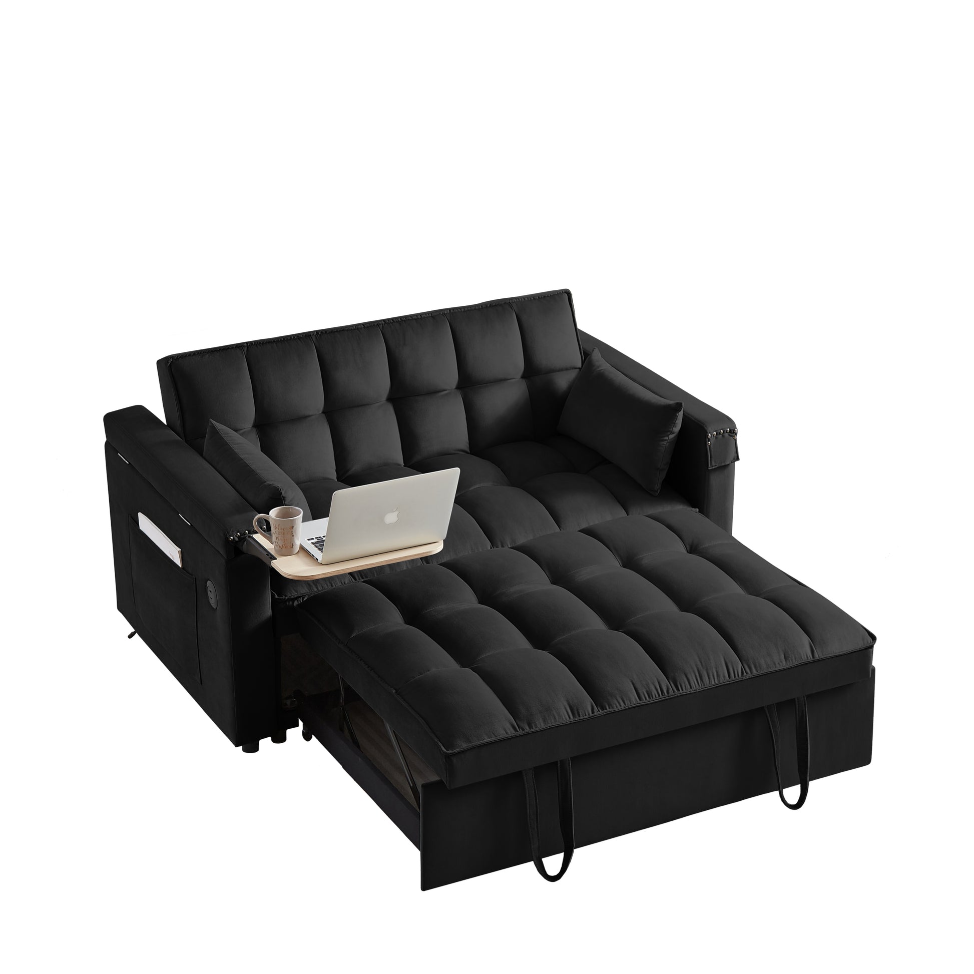 Convertible Sofa Bed, 3 In 1 Multi Functional Velvet Sleeper Couch Pull Out Bed, 48'' Loveseat Chaise Lounge With Adjustable Backrest And Pillows, Hidden Side Table For Living Room, Small Space, Black Black Velvet 2 Seat