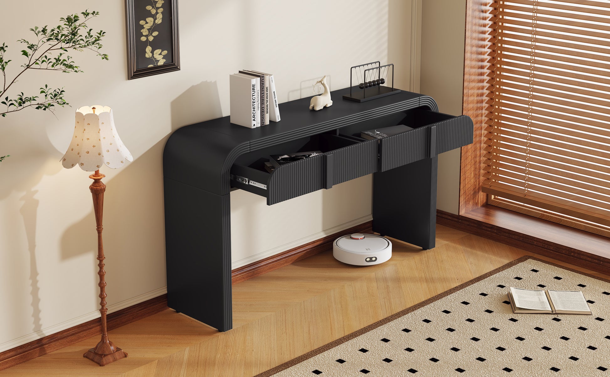 Unique Modern Rounded And Smooth Surface Console Table With 2 Drawers For Living Room And Entryway Black Black Primary Living Space Drawers Glossy Mdf