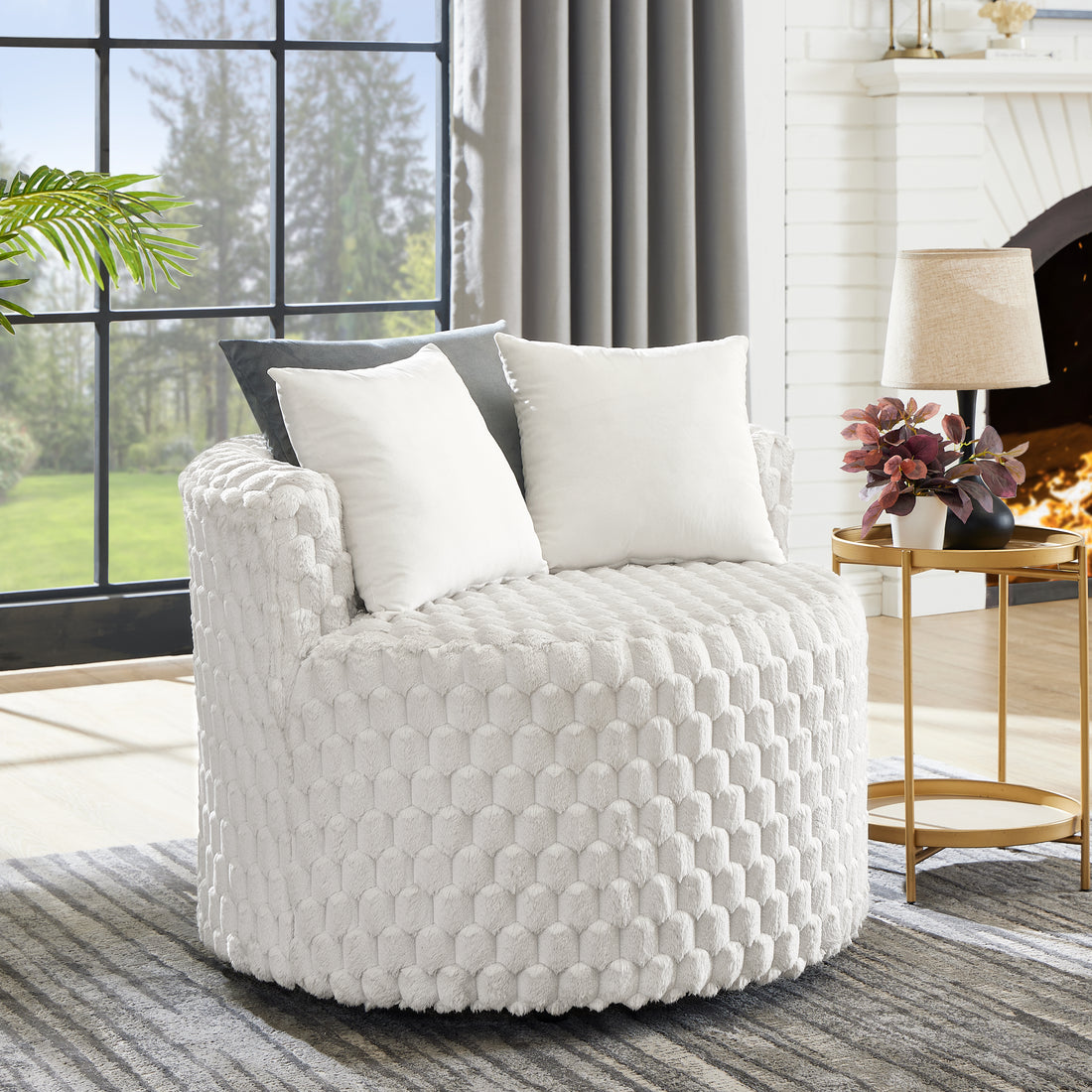 Malna Plush 3D Upholstered Barrel Accent Chair With Wheels, Off White Off White Primary Living Space Contemporary Polyester Polyester,Wood Stainless Steel
