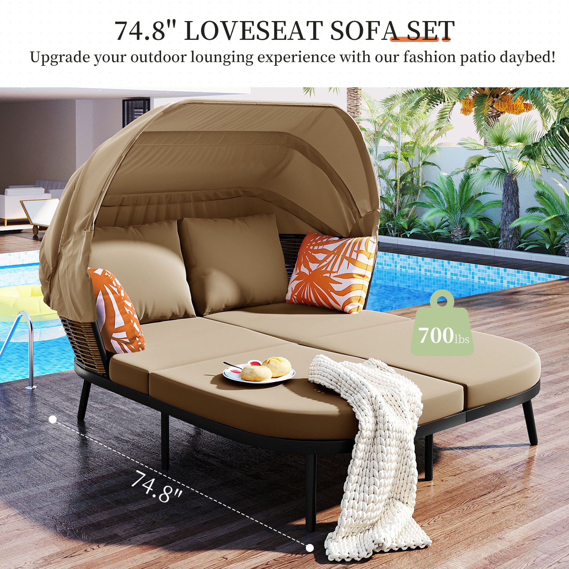 74.8" L Patio Daybed With Retractable Canopy, Outdoor Rattan Pe Wicker Back Loveseat Sofa Set With Throw Pillows And Cushions For Backyard, Poolside, Garden, Brown Yes Lounge Brown Weather Resistant Frame Water Resistant Cushion Garden & Outdoor Complete