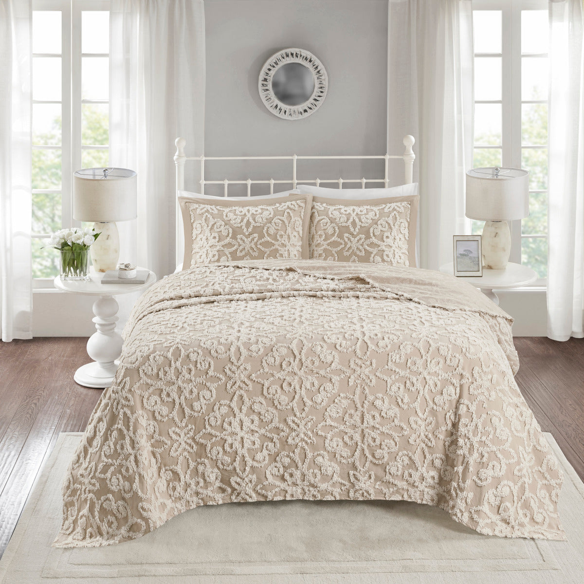 3 Piece Tufted Cotton Bedspread Set Taupe Full Queen Taupe Cotton