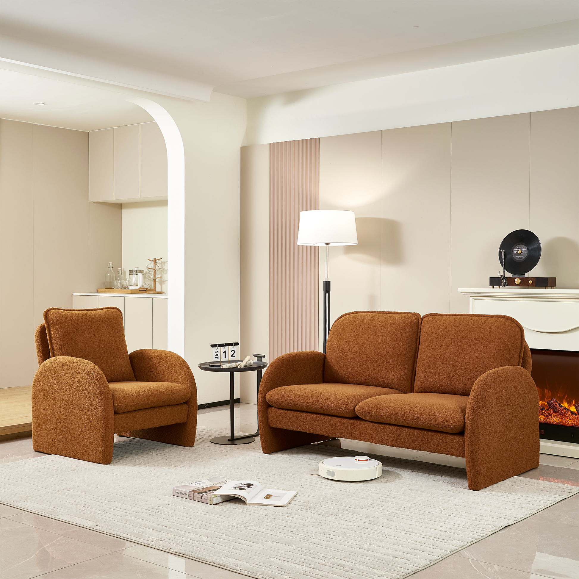 59" Loveseat Sofa Small Couch For Living Room, Sherpa Fabric Upholstered Loveseat Sofa Couch, Small Loveseat Sofa For Apartment, Bedroom Orange Foam Sherpa 2 Seat