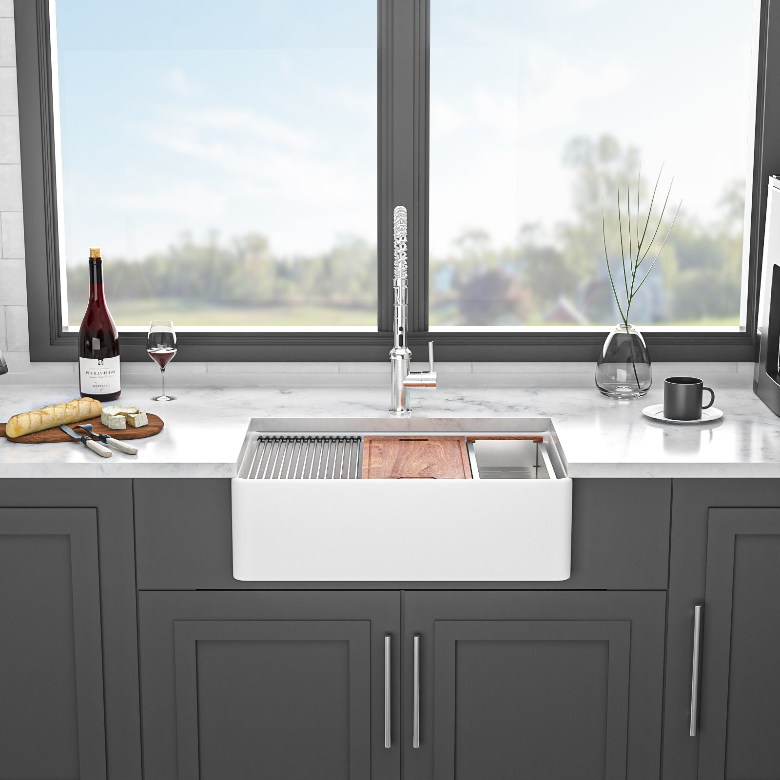 White Farmhouse Sink Workstation 33 Inch White Ceramic Double Bowl Farm Kitchen Sink White Ceramic