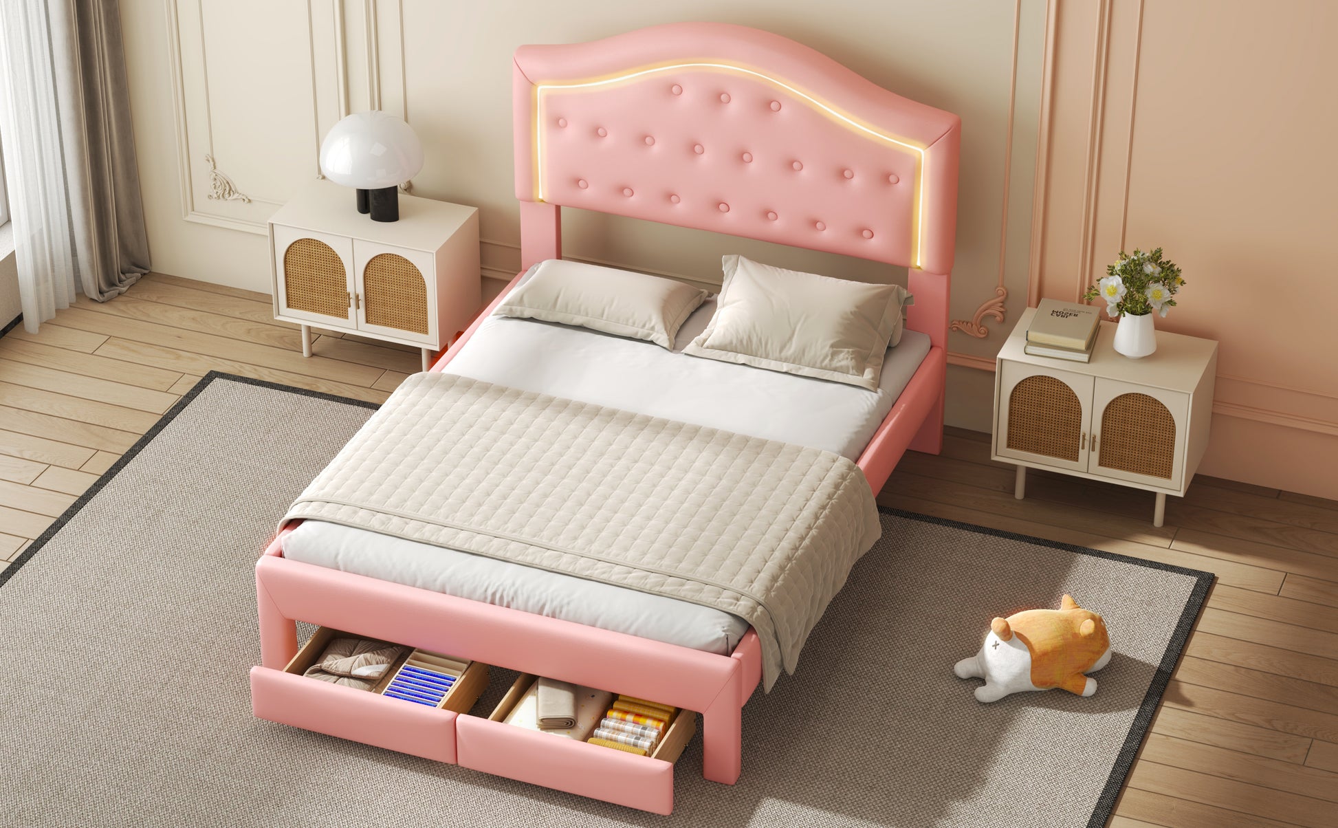 Full Size Upholstered Platform Bed With Tufted Headboard, Led And 2 Drawers, Pink Box Spring Not Required Full Pink Wood Bathroom Bed Frame Faux Leather Upholstered