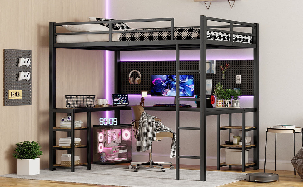 Full Xl Metal Loft Bed With Desk And Shelves, Loft Bed With Ladder And Guardrails, Loft Bed Frame For Bedroom, Black Full Xl Black Metal